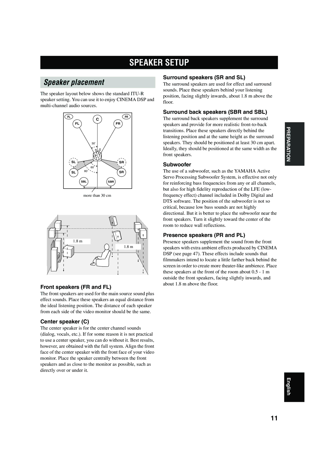 Yamaha RX-V650 owner manual Speaker Setup, Speaker placement 