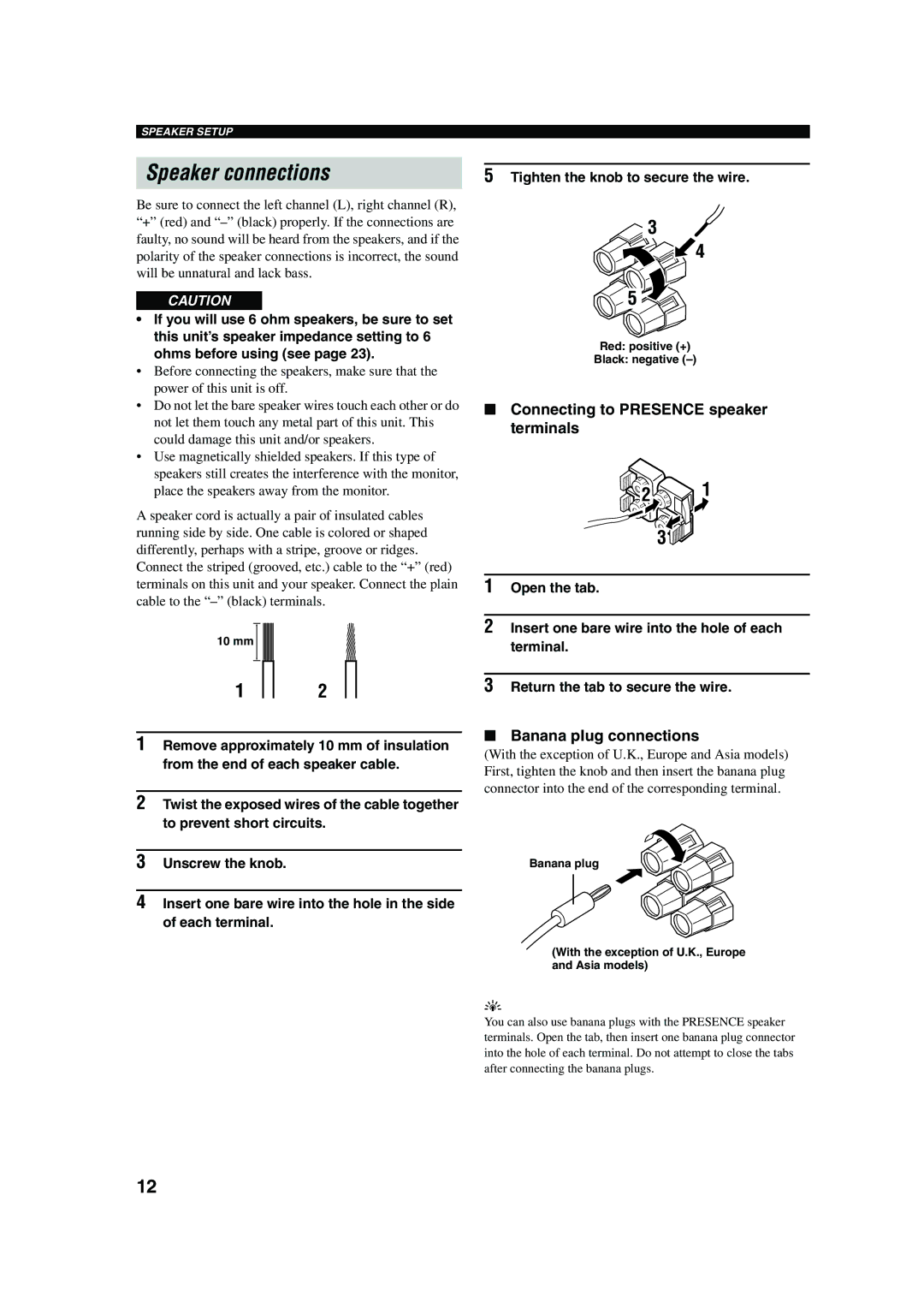 Yamaha RX-V650 owner manual Speaker connections, Connecting to Presence speaker terminals, Banana plug connections, 10 mm 