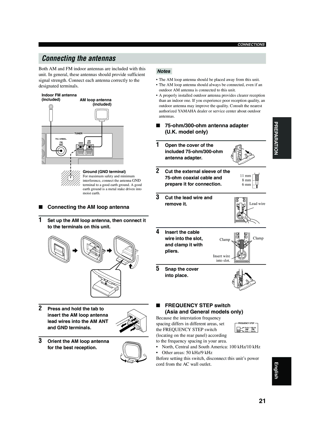 Yamaha RX-V650 Connecting the antennas, Connecting the AM loop antenna, 75-ohm/300-ohm antenna adapter, Model only 