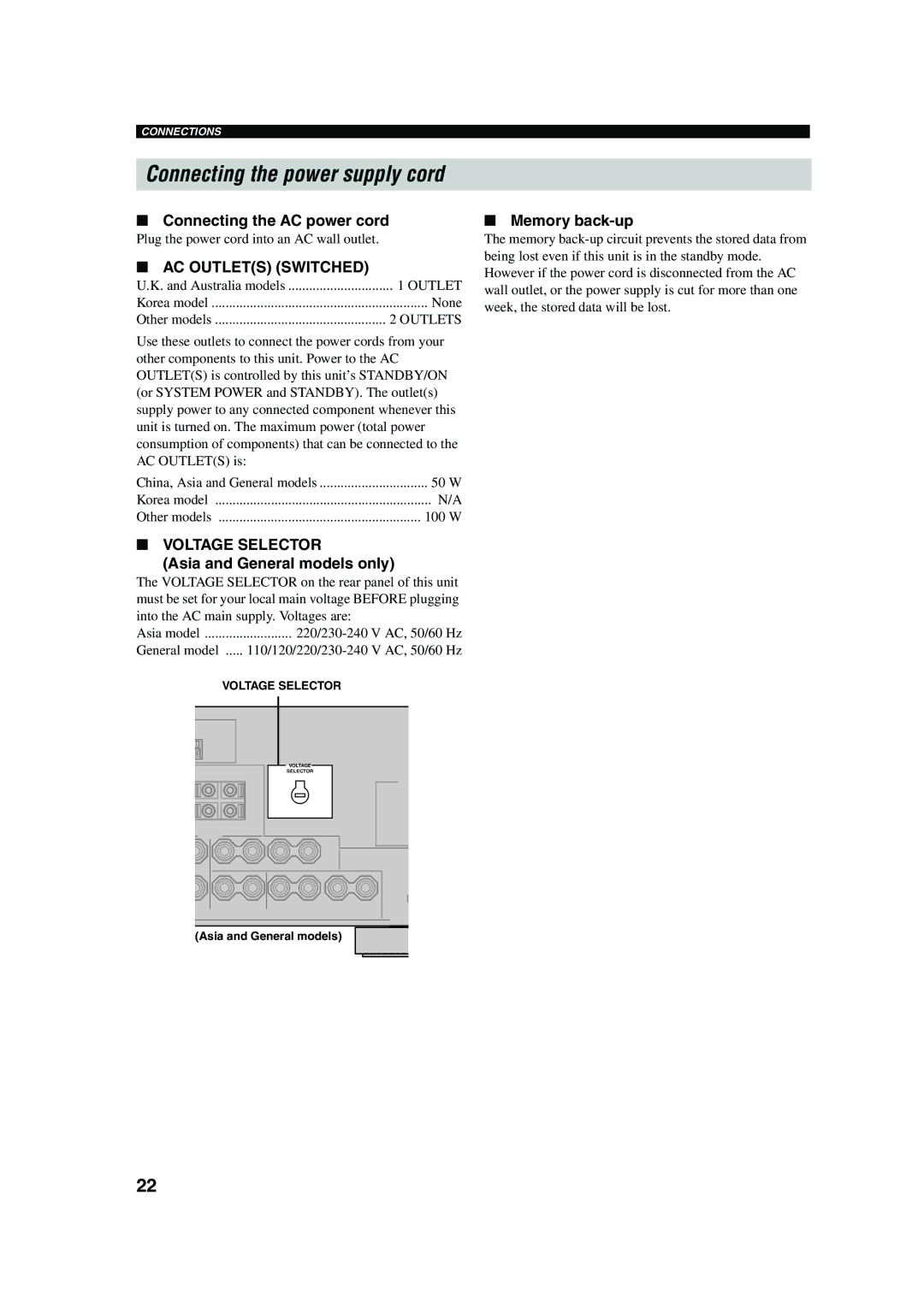 Yamaha RX-V650 owner manual Connecting the AC power cord, Memory back-up 