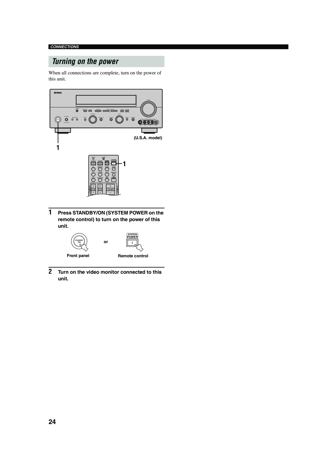 Yamaha RX-V650 owner manual Turning on the power, Turn on the video monitor connected to this unit, Front panel 