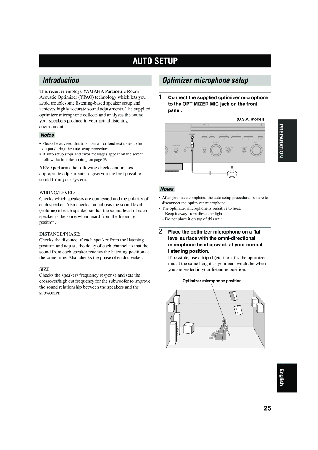 Yamaha RX-V650 owner manual Auto Setup, Introduction, Optimizer microphone setup, Optimizer microphone position 