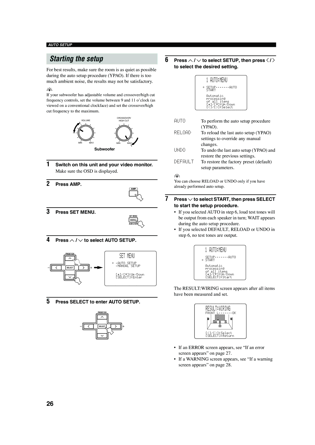 Yamaha RX-V650 owner manual Starting the setup, Automenu, Resultwiring 