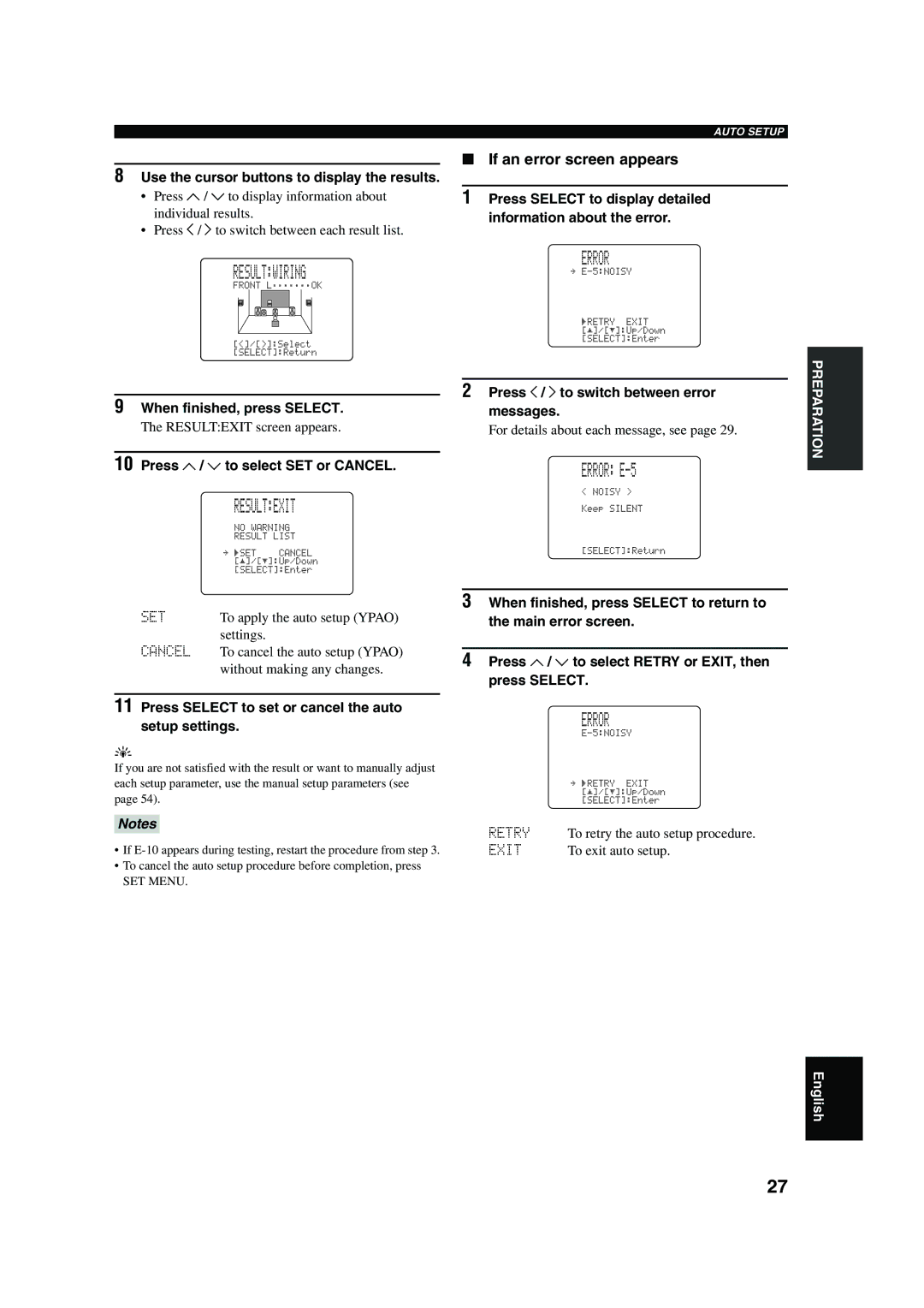 Yamaha RX-V650 owner manual Resultexit, Error E-5, If an error screen appears 