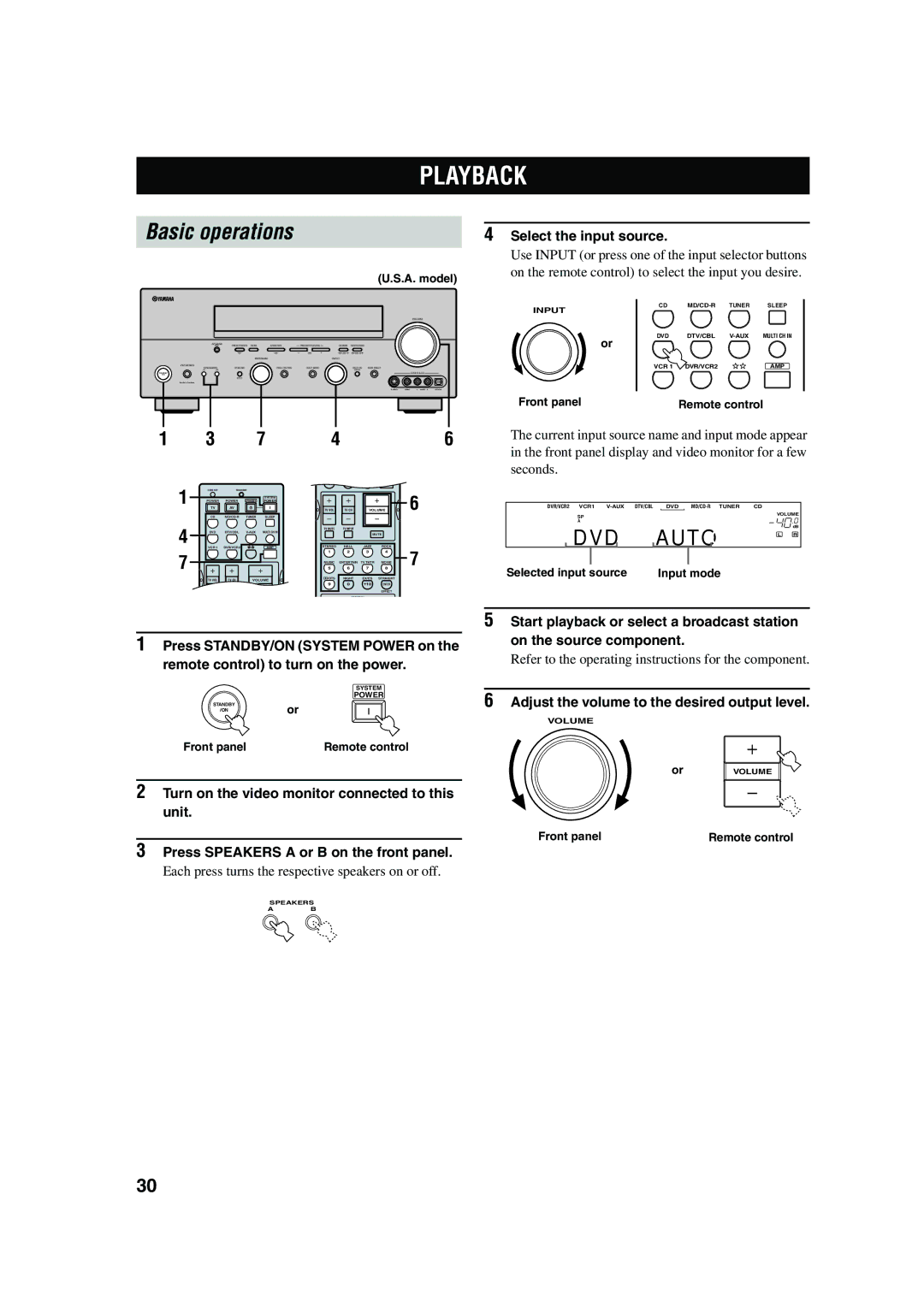 Yamaha RX-V650 Playback, Basic operations, Select the input source, Adjust the volume to the desired output level 