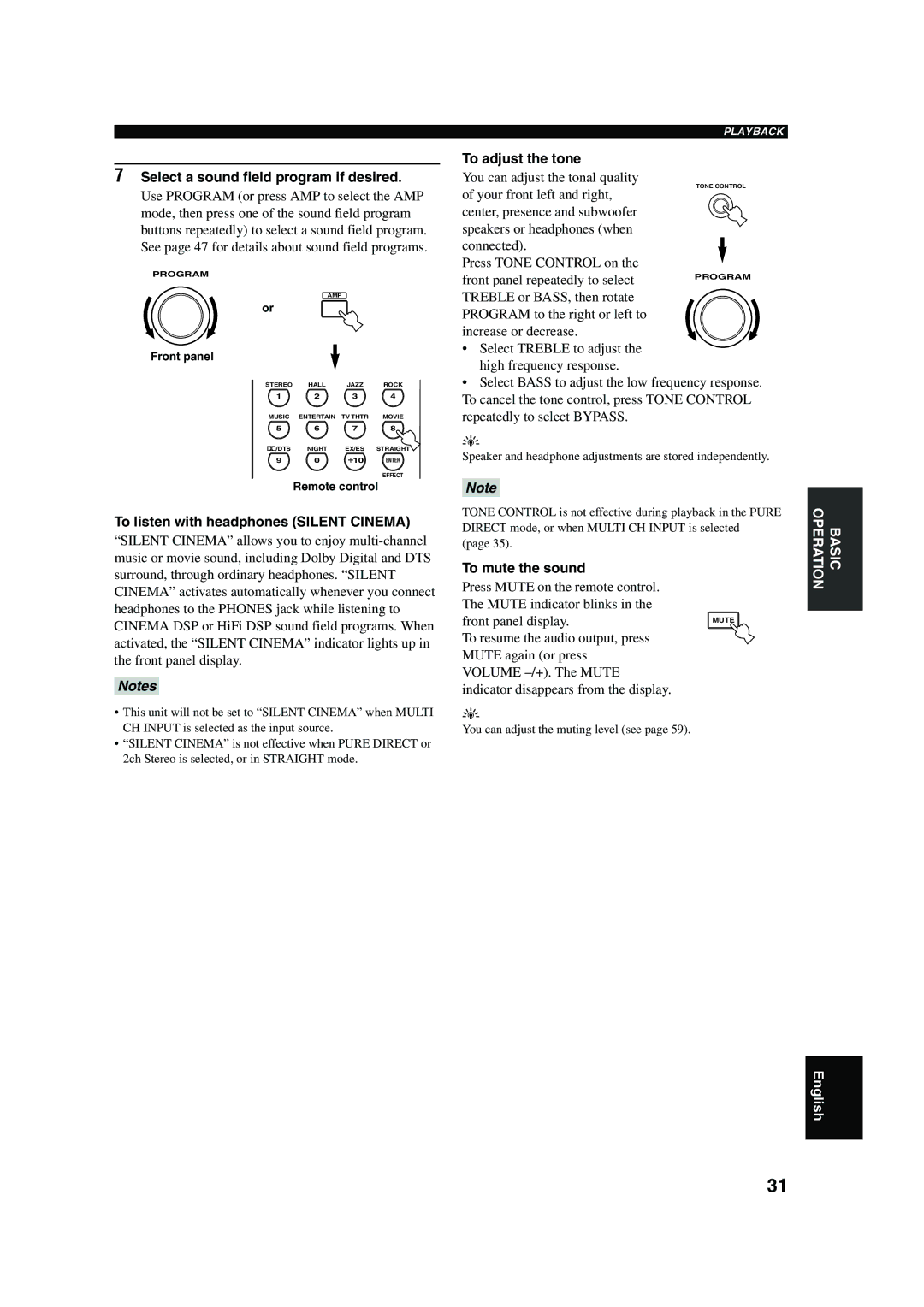 Yamaha RX-V650 Select a sound field program if desired, To listen with headphones Silent Cinema, To adjust the tone 