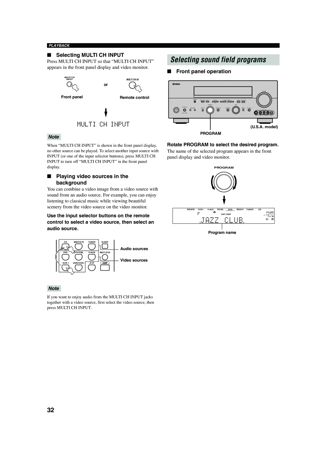 Yamaha RX-V650 owner manual Selecting sound field programs, Selecting Multi CH Input, Playing video sources Background 