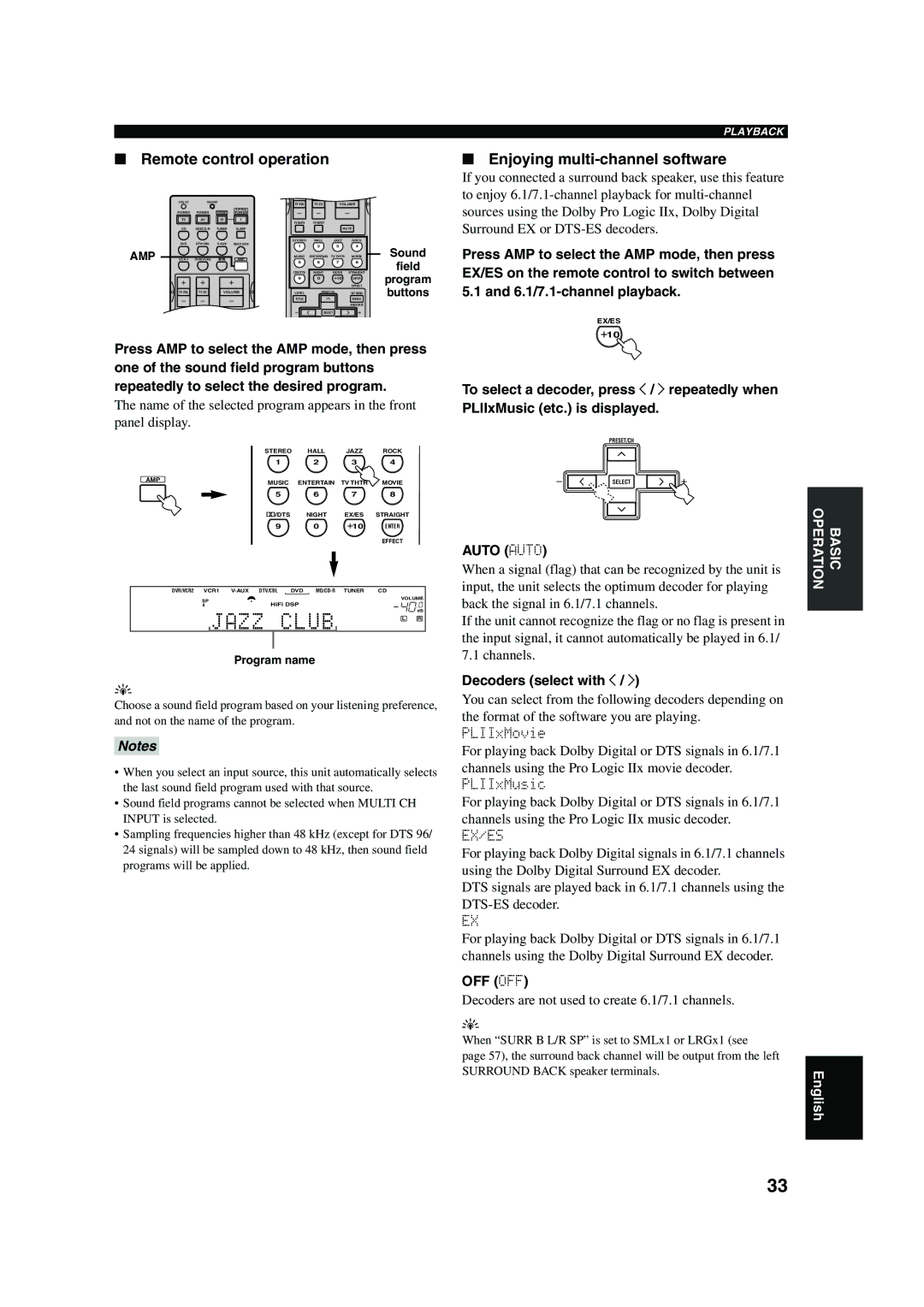 Yamaha RX-V650 Remote control operation, Enjoying multi-channel software, Auto Auto, Decoders select with j, Off Off 