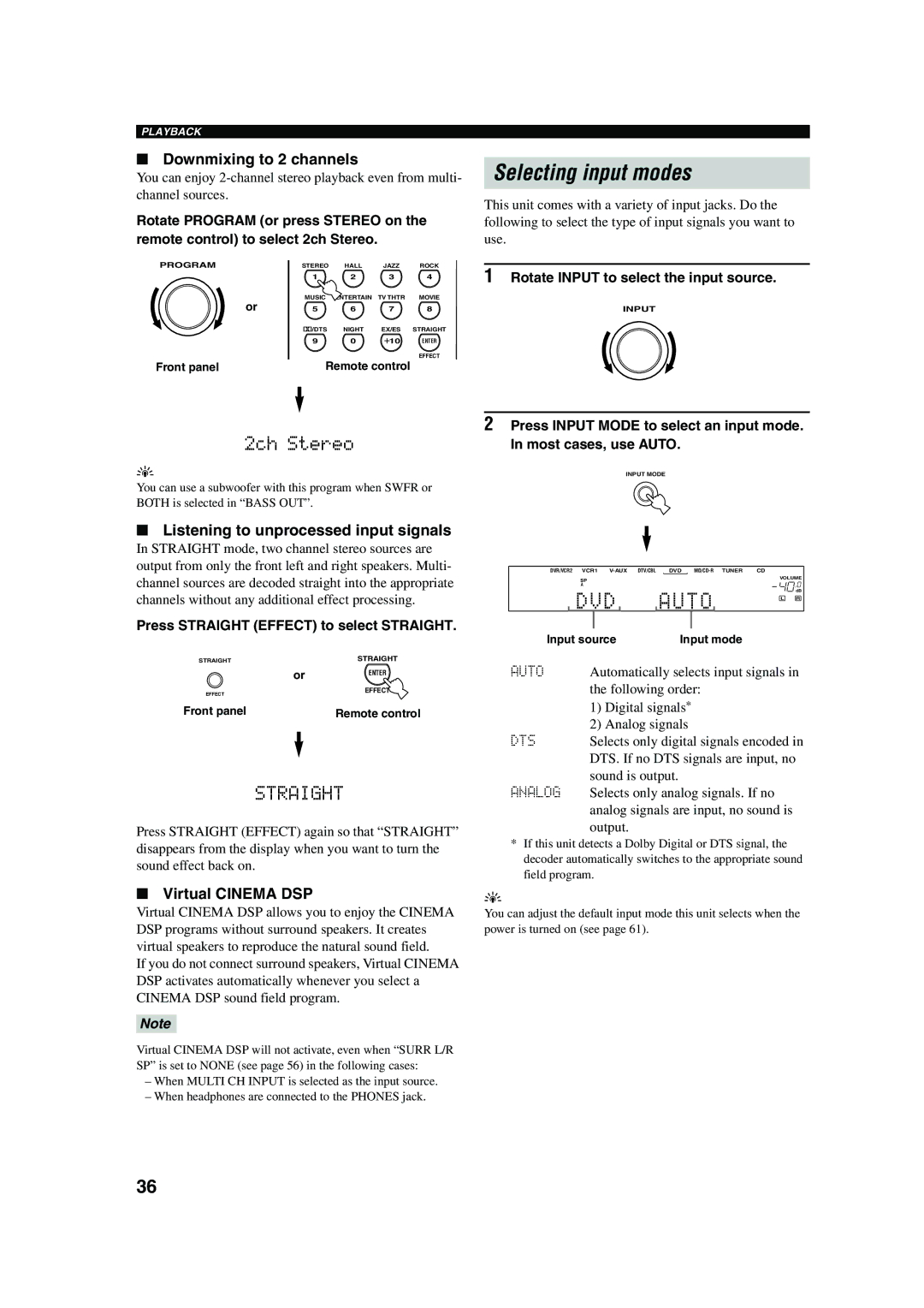 Yamaha RX-V650 Selecting input modes, Straight, Downmixing to 2 channels, Listening to unprocessed input signals 