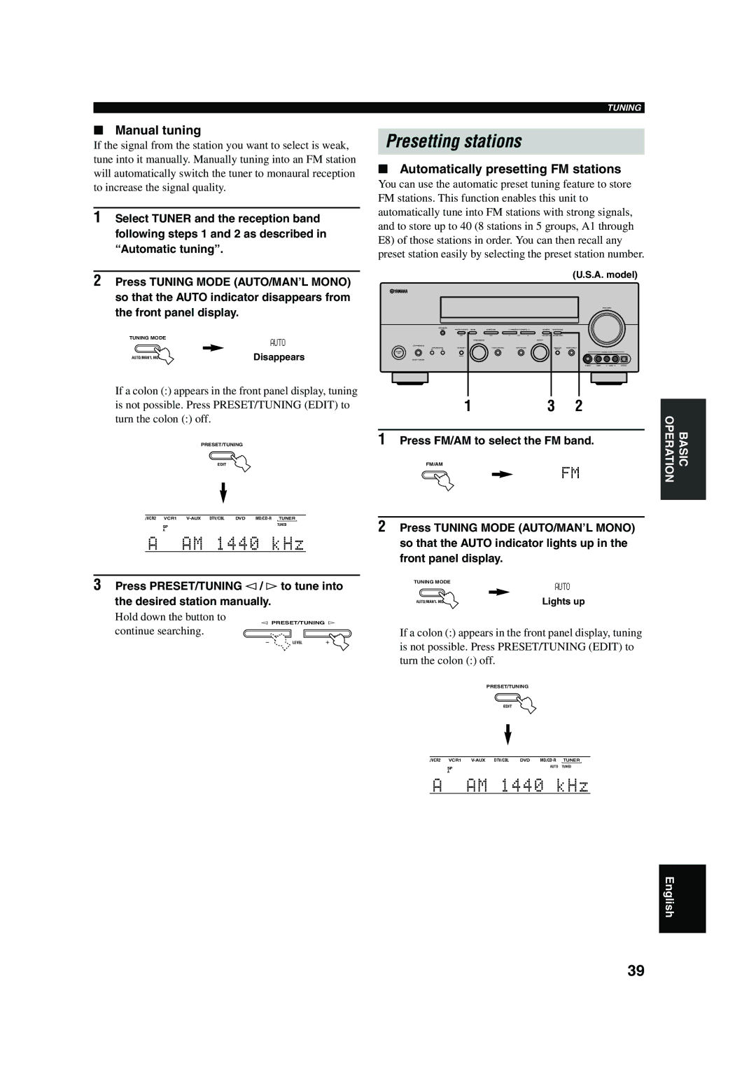 Yamaha RX-V650 Presetting stations, Manual tuning, Automatically presetting FM stations, Press FM/AM to select the FM band 