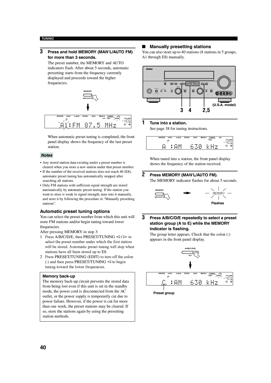 Yamaha RX-V650 owner manual Manually presetting stations, Automatic preset tuning options 