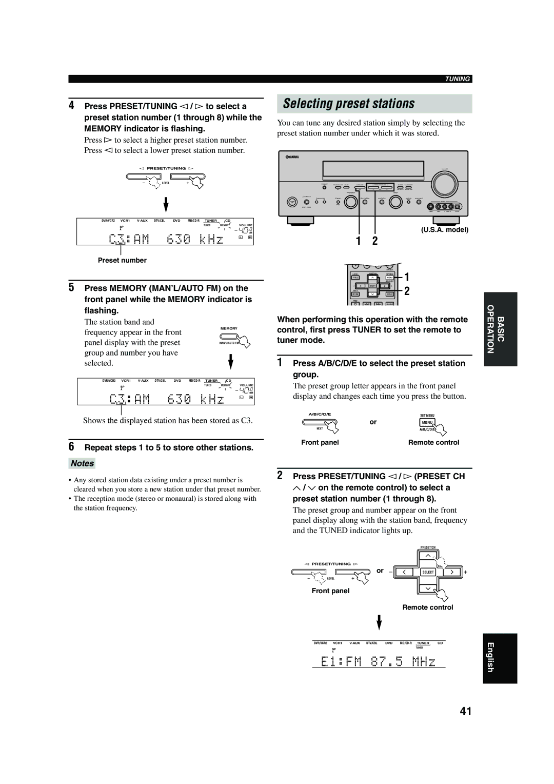 Yamaha RX-V650 owner manual Selecting preset stations, When performing this operation with the remote 