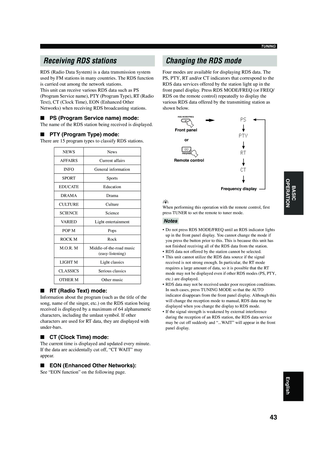 Yamaha RX-V650 owner manual Receiving RDS stations Changing the RDS mode 