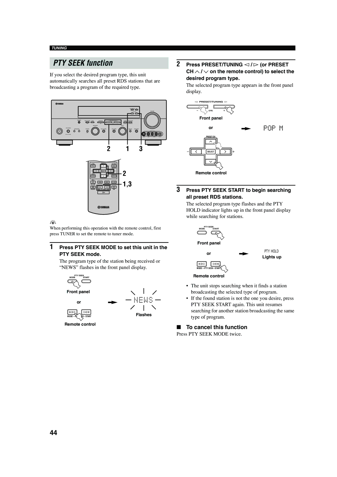 Yamaha RX-V650 owner manual PTY Seek function, To cancel this function, Press PTY Seek Mode to set this unit, PTY Seek mode 