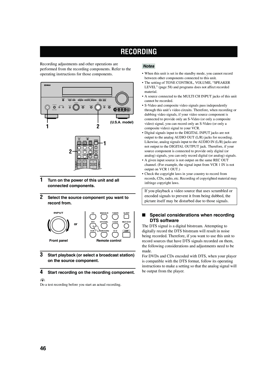 Yamaha RX-V650 owner manual Recording, Special considerations when recording DTS software 