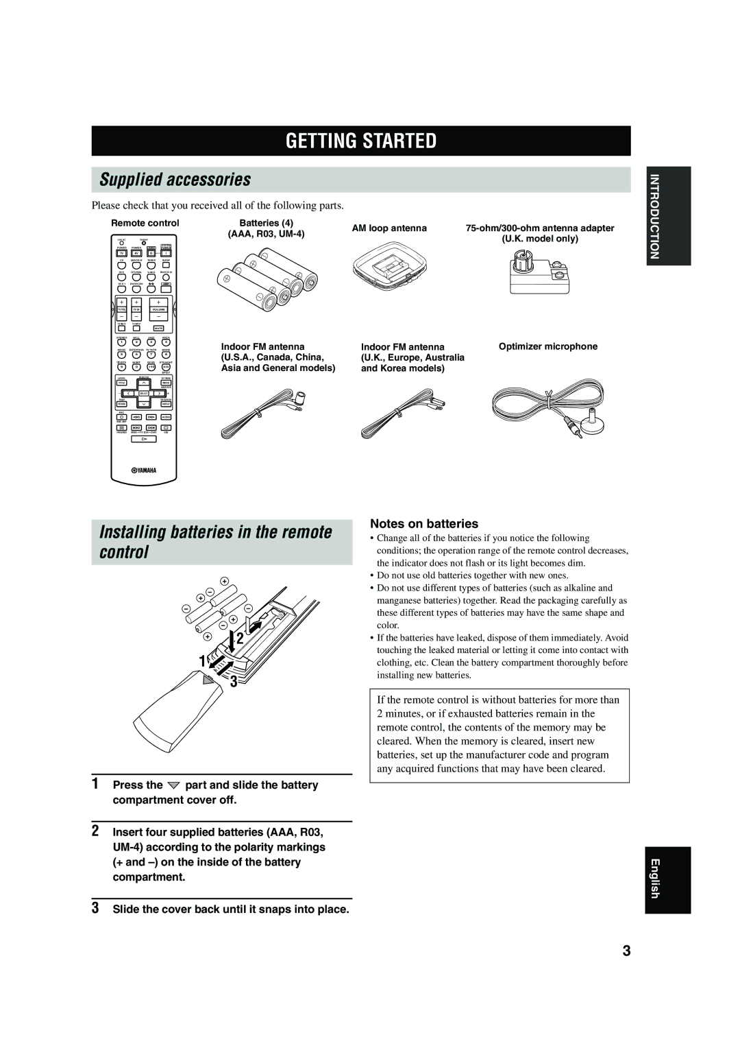 Yamaha RX-V650 owner manual Getting Started, Supplied accessories, Installing batteries in the remote control 