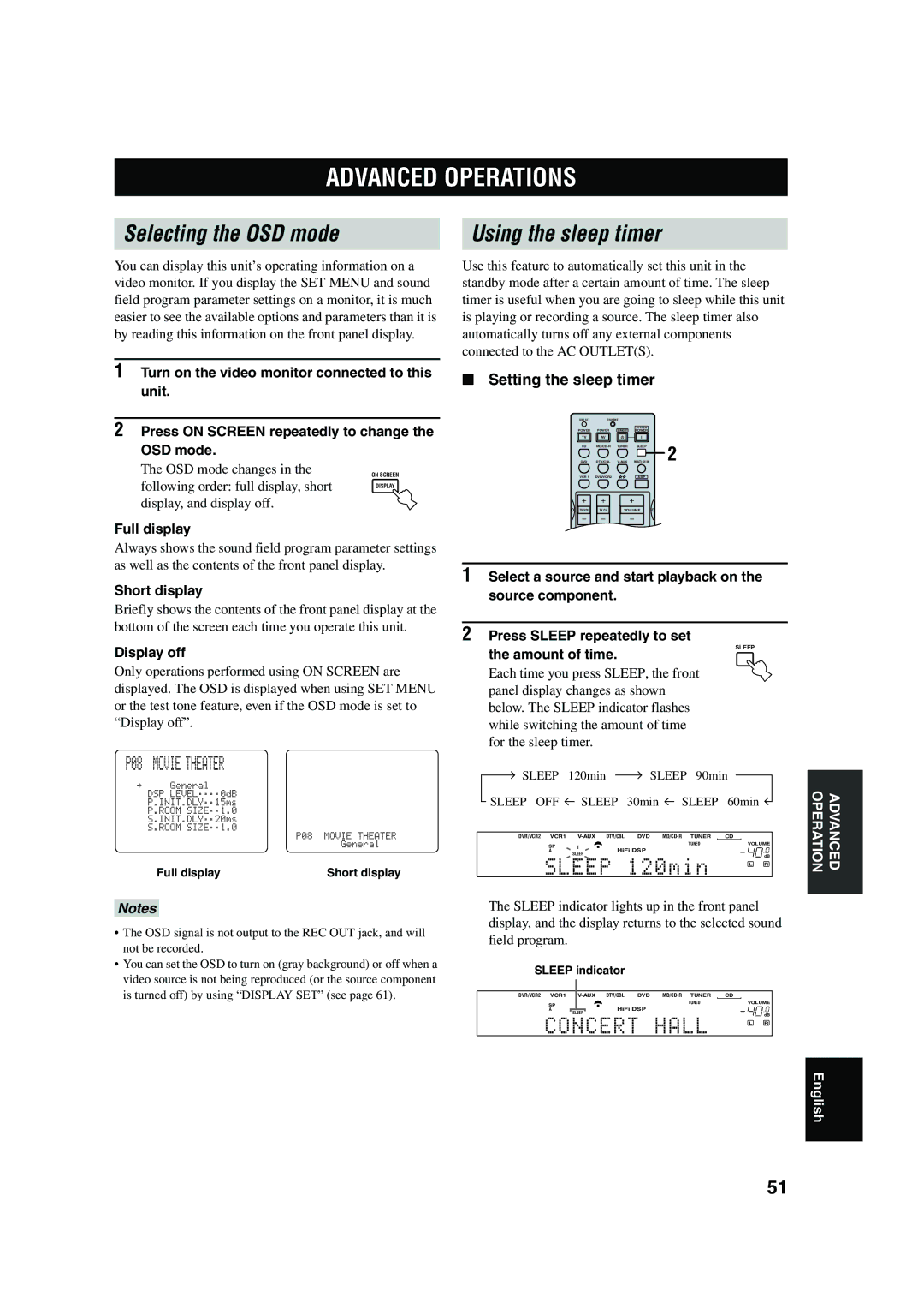 Yamaha RX-V650 owner manual Advanced Operations, Selecting the OSD mode Using the sleep timer, P08 Movie Theater 