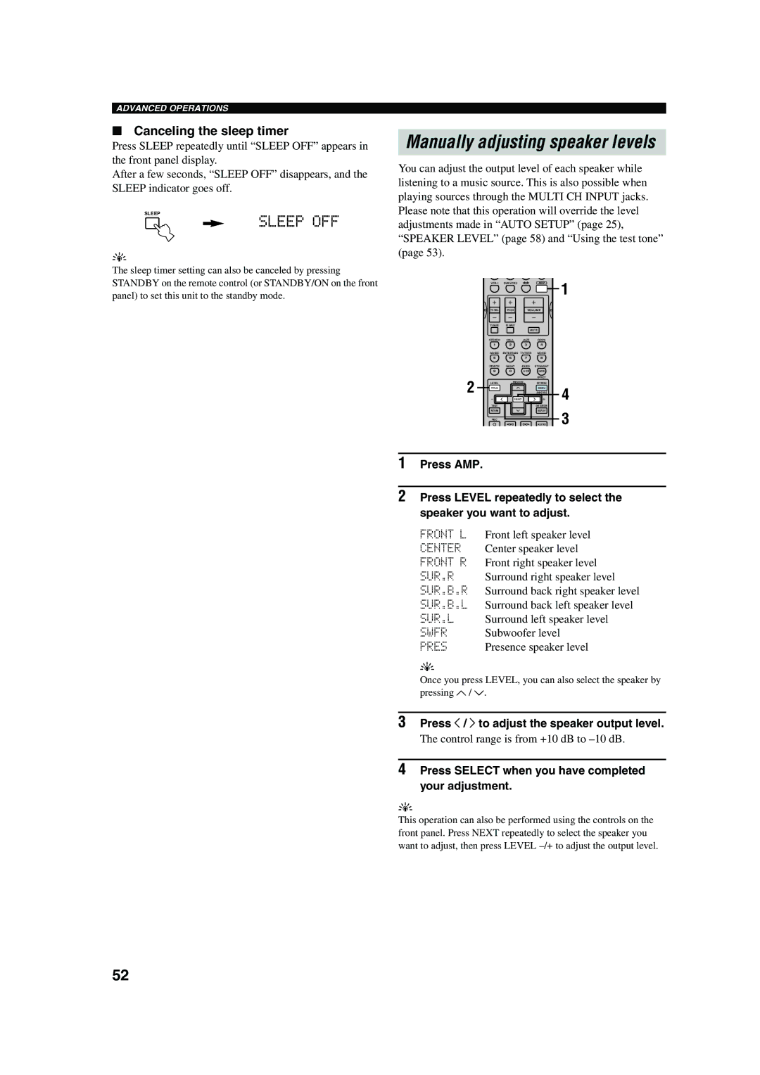 Yamaha RX-V650 owner manual Sleep OFF, Canceling the sleep timer, Press j / i to adjust the speaker output level 