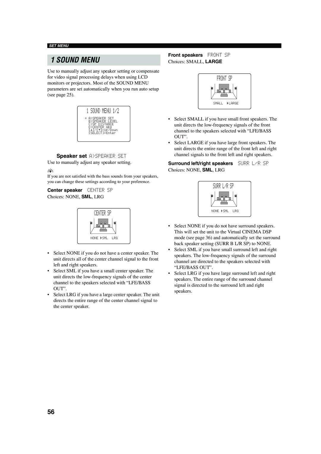 Yamaha RX-V650 owner manual Sound Menu 1/2, Center SP, Front SP, Surr L/R SP 