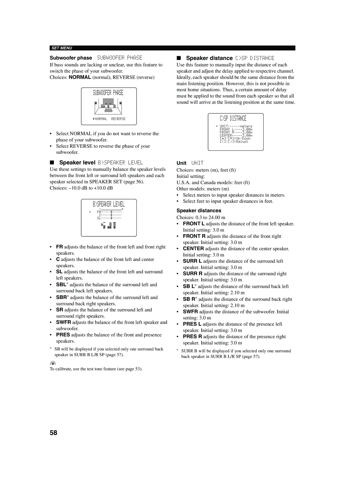 Yamaha RX-V650 owner manual 02ASUBWOOFER Phase, Speaker distance CSP Distance 