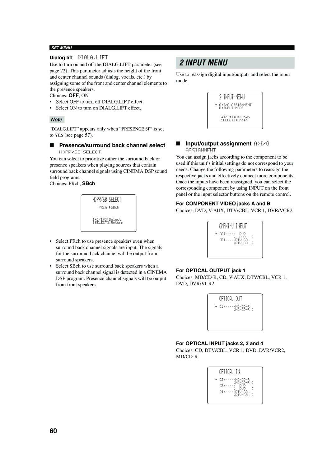 Yamaha RX-V650 owner manual HPR/SB Select, Input Menu, CMPNT-V Input, Optical OUT 