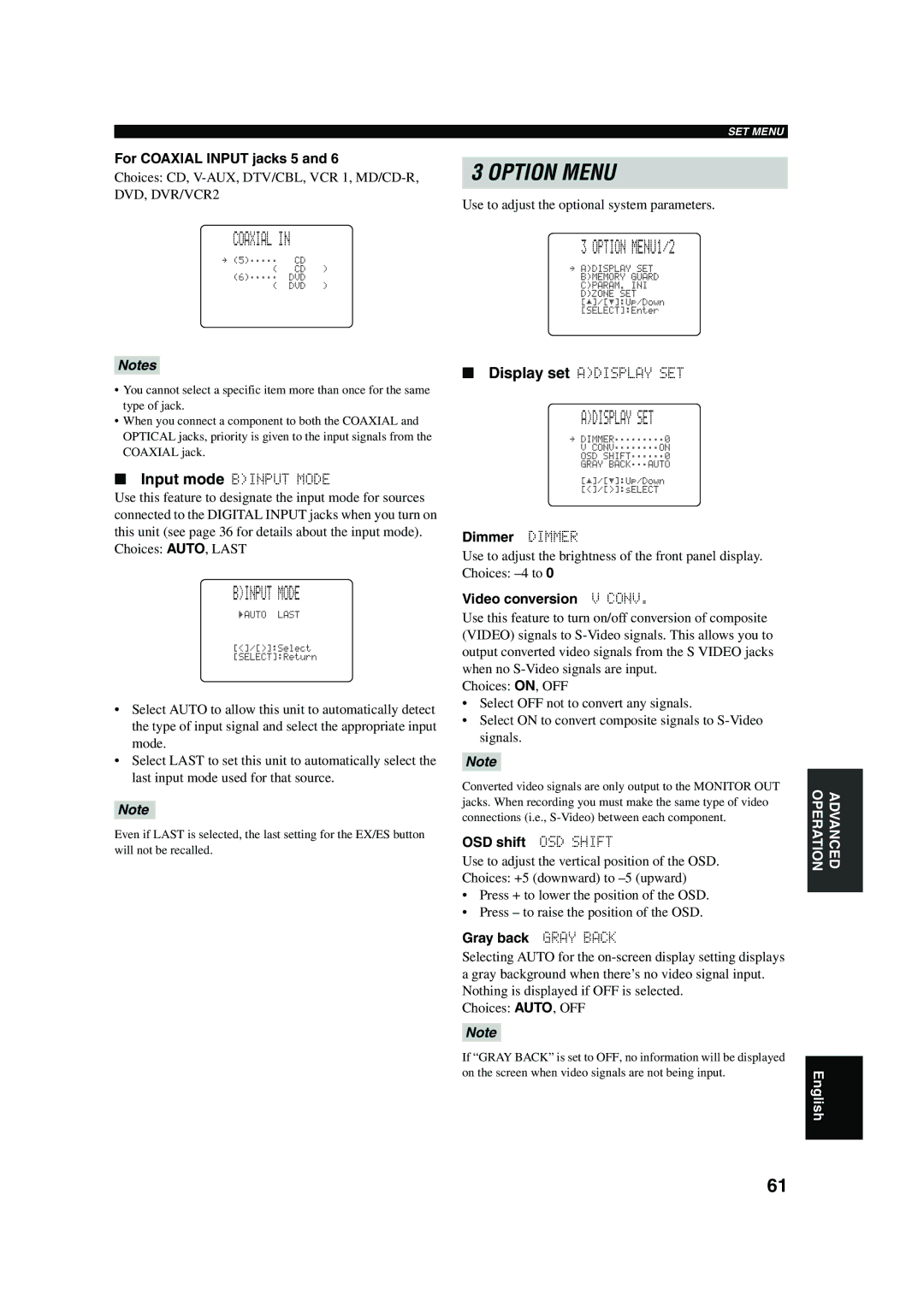 Yamaha RX-V650 owner manual Coaxial, Binput Mode, Option MENU1/2, Adisplay SET 