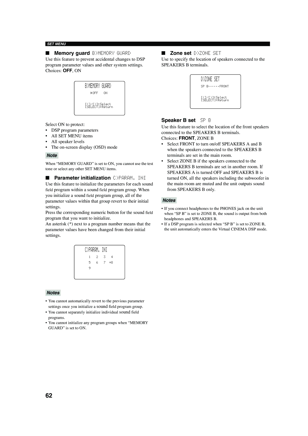 Yamaha RX-V650 owner manual Bmemory Guard, Cparam. Ini, Dzone SET, Parameter initialization CPARAM. INI, Speaker B set SP B 