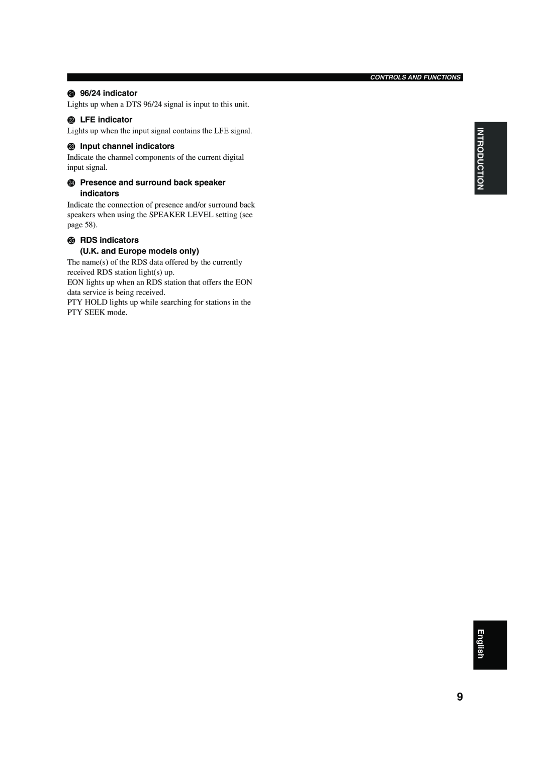 Yamaha RX-V650 K96/24 indicator, LLFE indicator, MInput channel indicators, NPresence and surround back speaker indicators 