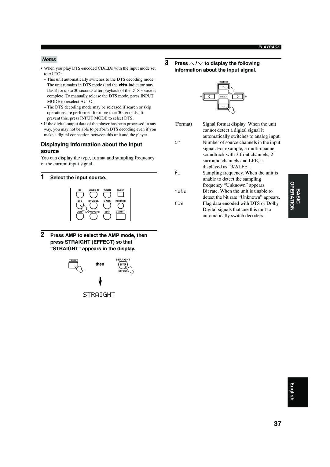 Yamaha RX-V650 owner manual Displaying information about the input, source, Press u / d to display the following, Straight 