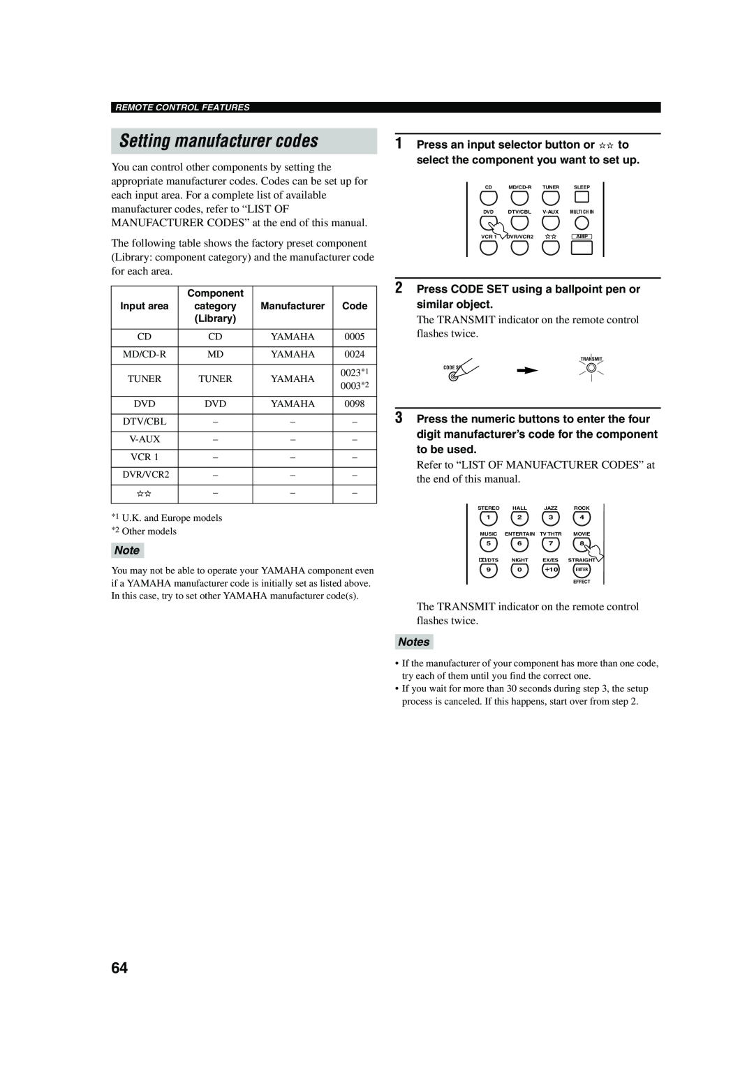 Yamaha RX-V650 owner manual Setting manufacturer codes, Component, Code 