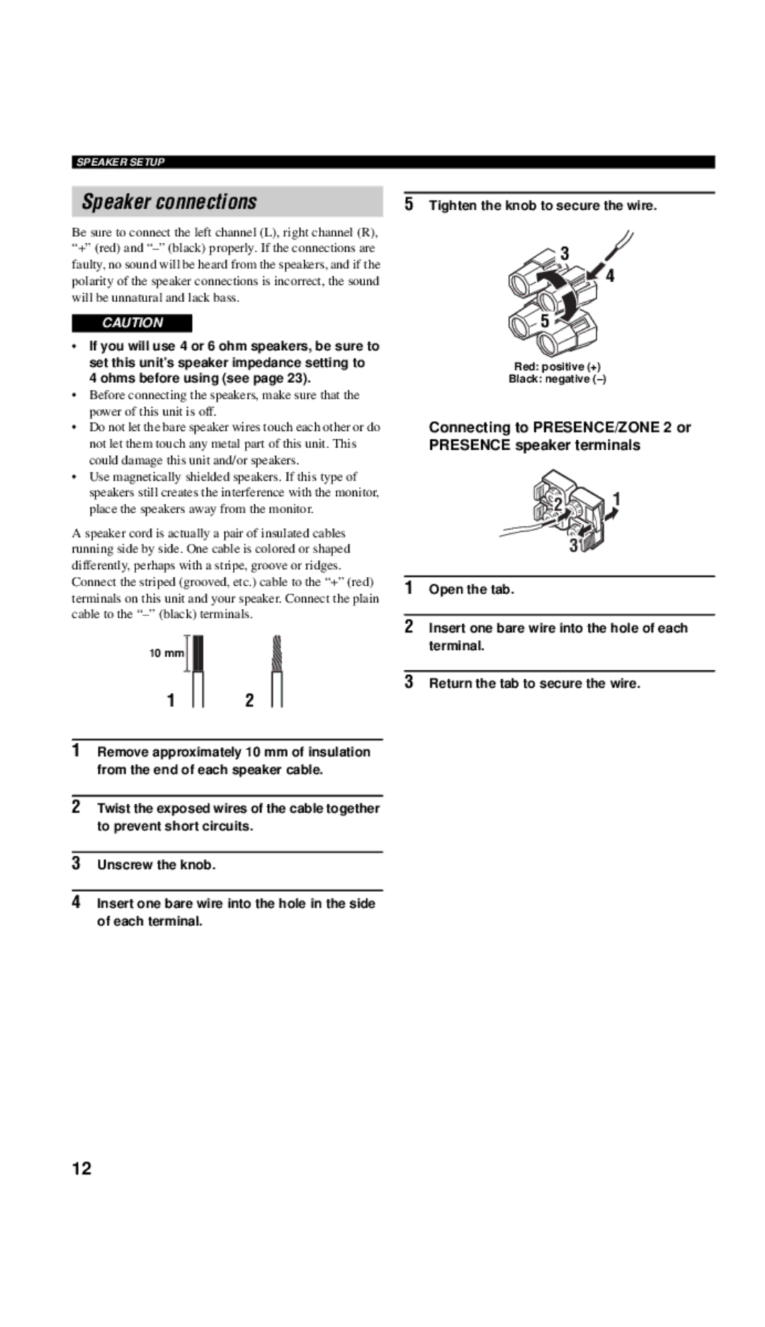 Yamaha RX-V657 owner manual Speaker connections, 10 mm, Red positive + Black negative 