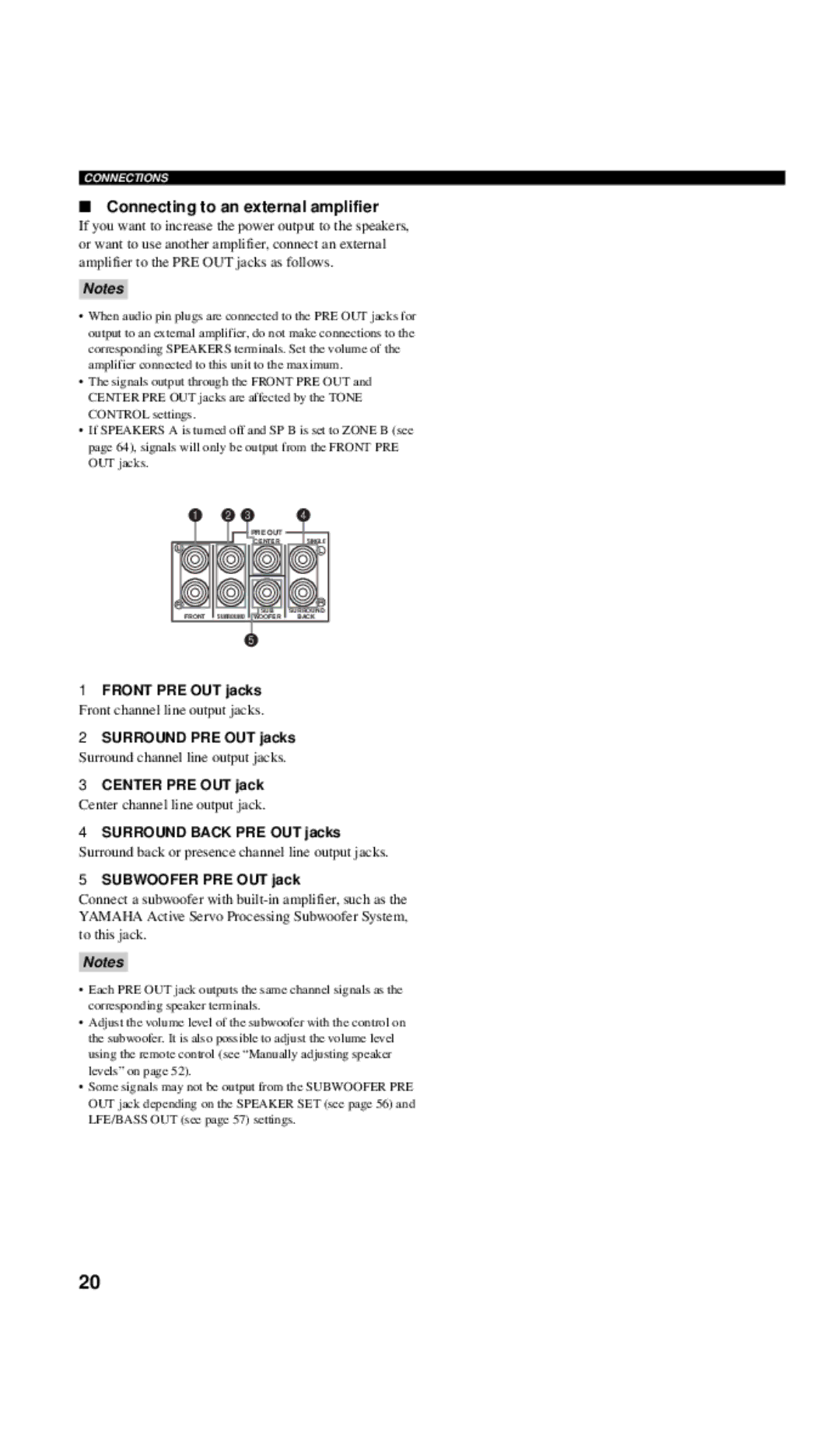 Yamaha RX-V657 Connecting to an external amplifier, Front PRE OUT jacks, Surround PRE OUT jacks, Center PRE OUT jack 