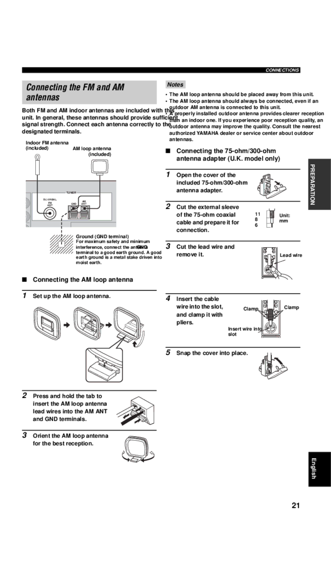 Yamaha RX-V657 owner manual Connecting the FM and AM antennas, Insert the cable Wire into the slot, Clamp it with Pliers 