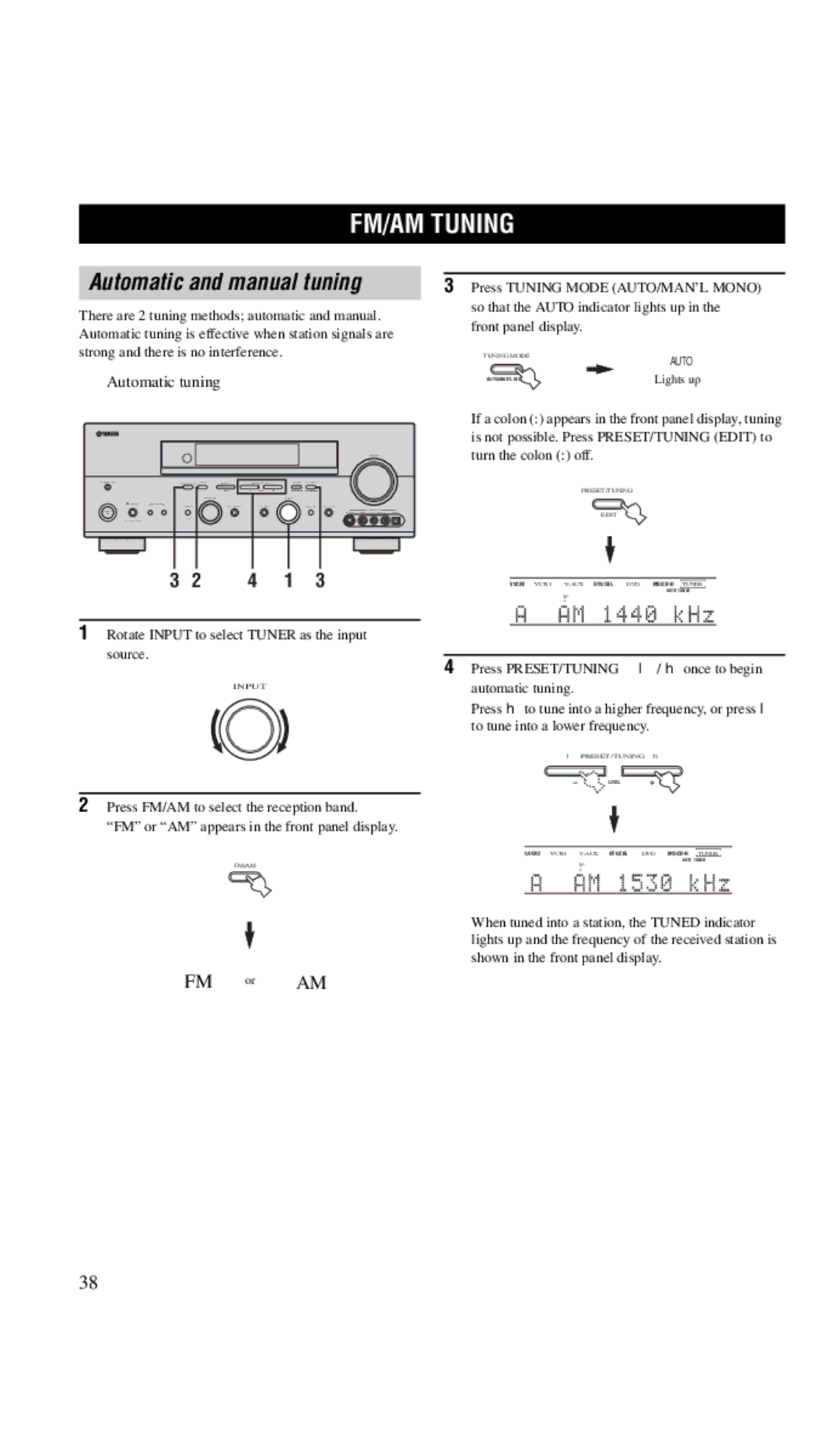 Yamaha RX-V657 owner manual FM/AM Tuning, Automatic and manual tuning, Press FM/AM to select the reception band 