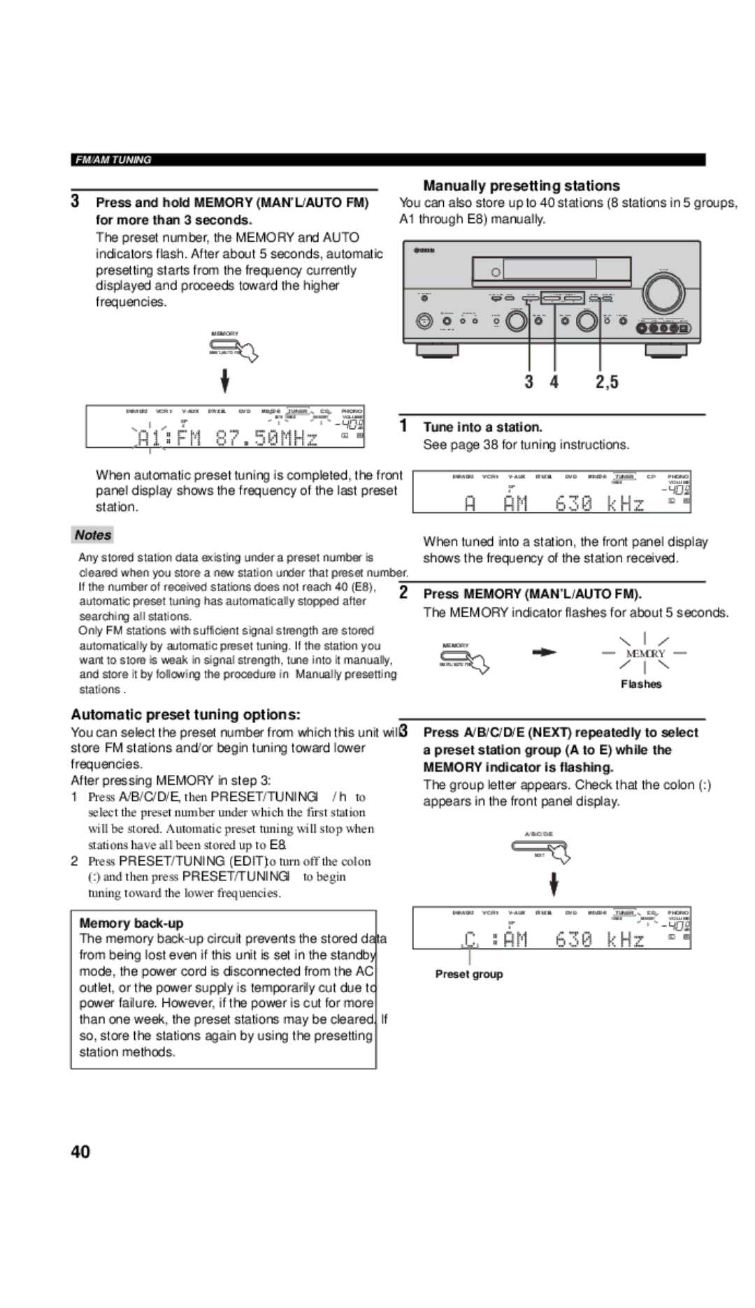 Yamaha RX-V657 owner manual Press and hold Memory MAN’L/AUTO FM for more than 3 seconds, Manually presetting stations 