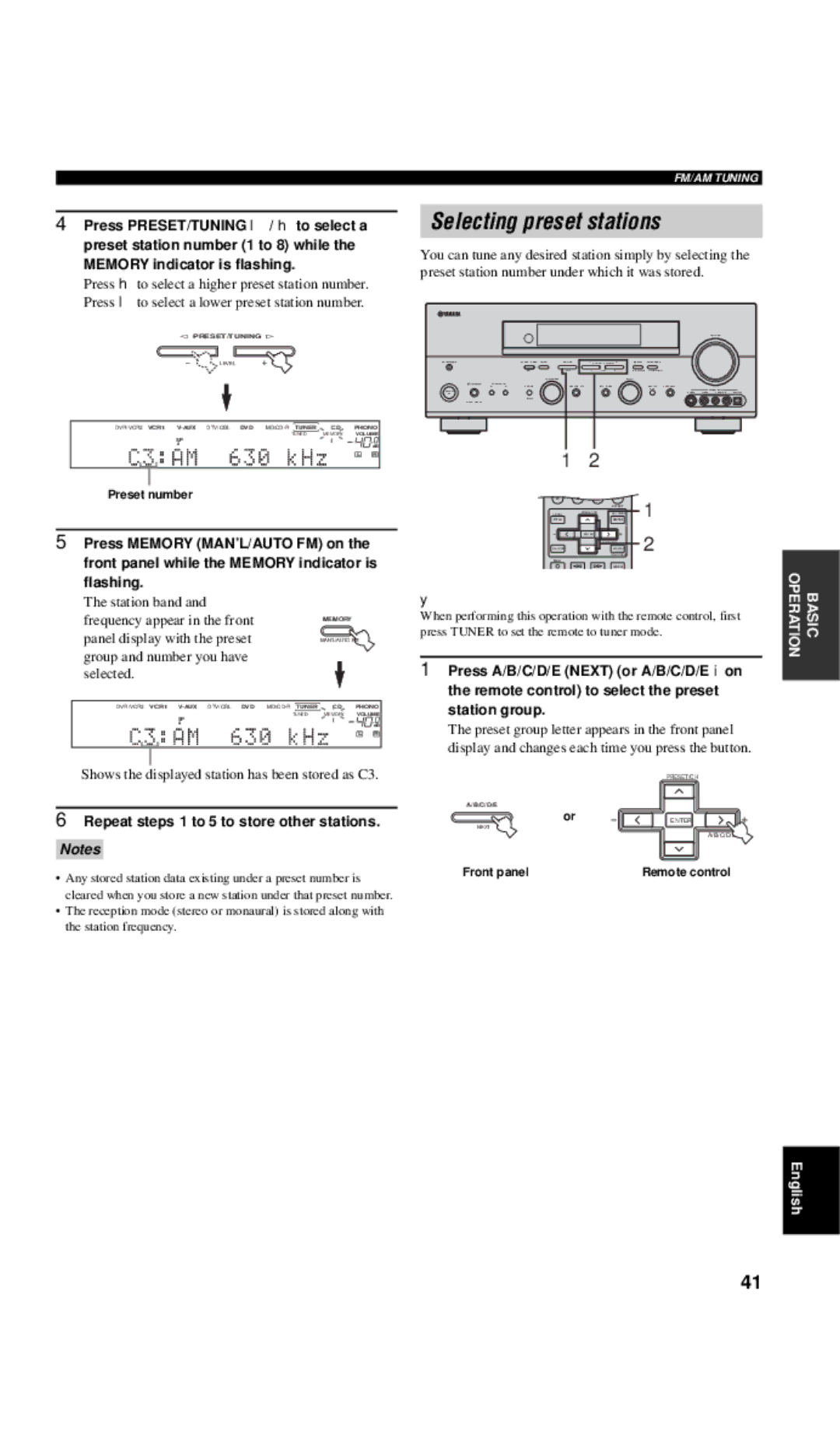 Yamaha RX-V657 owner manual Selecting preset stations, Shows the displayed station has been stored as C3, Preset number 