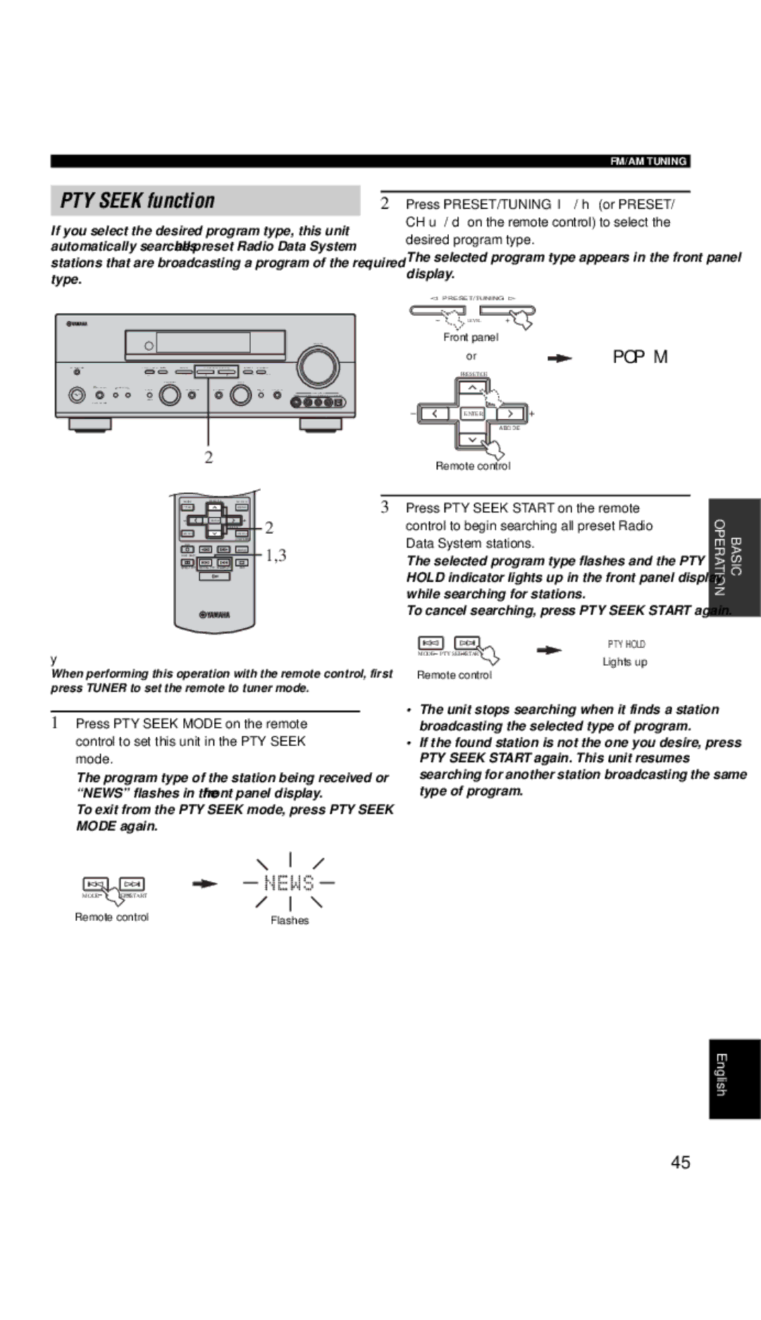 Yamaha RX-V657 PTY Seek function, Selected program type appears in the front panel display, Lights up Remote control 