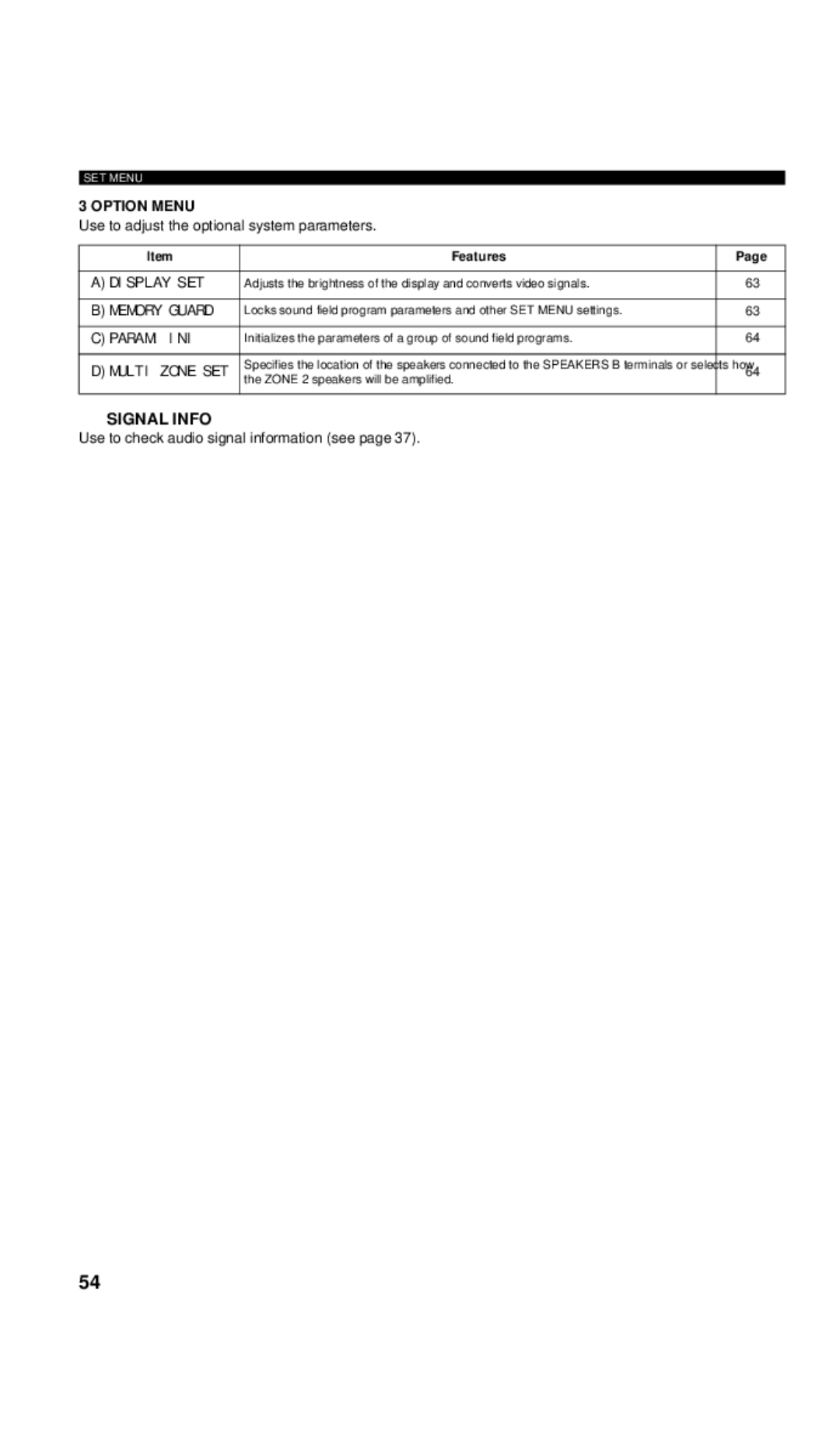 Yamaha RX-V657 owner manual Option Menu, Signal Info 