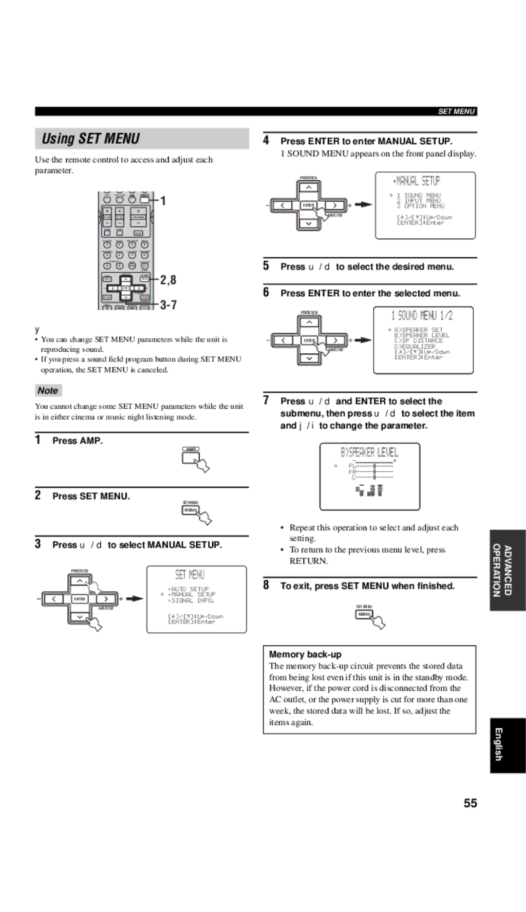 Yamaha RX-V657 Using SET Menu, Bspeaker Level, Press u / d to select Manual Setup, Press Enter to enter Manual Setup 