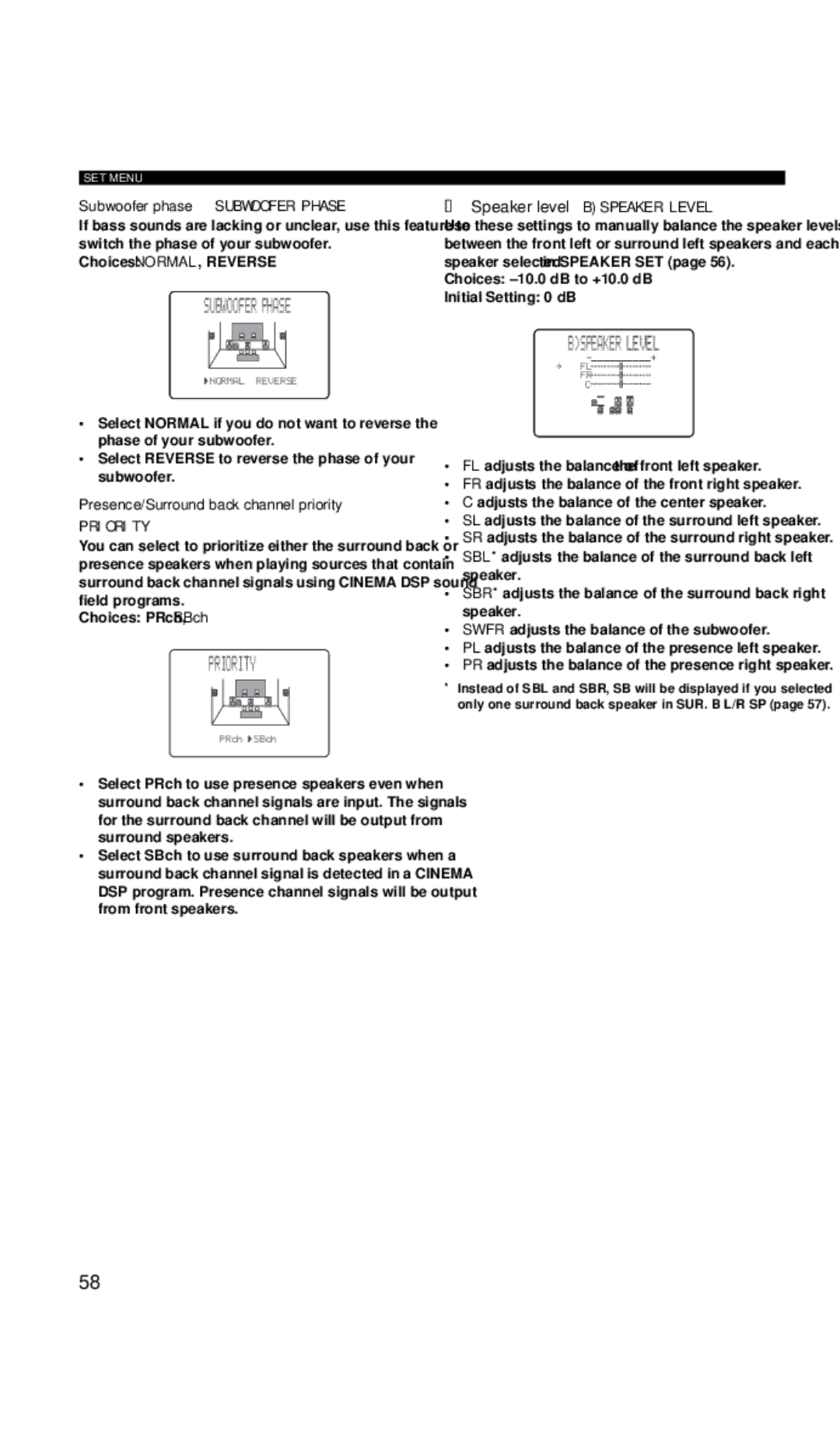 Yamaha RX-V657 02ASUBWOOFER Phase, Priority, Subwoofer phase Subwoofer Phase, Presence/Surround back channel priority 