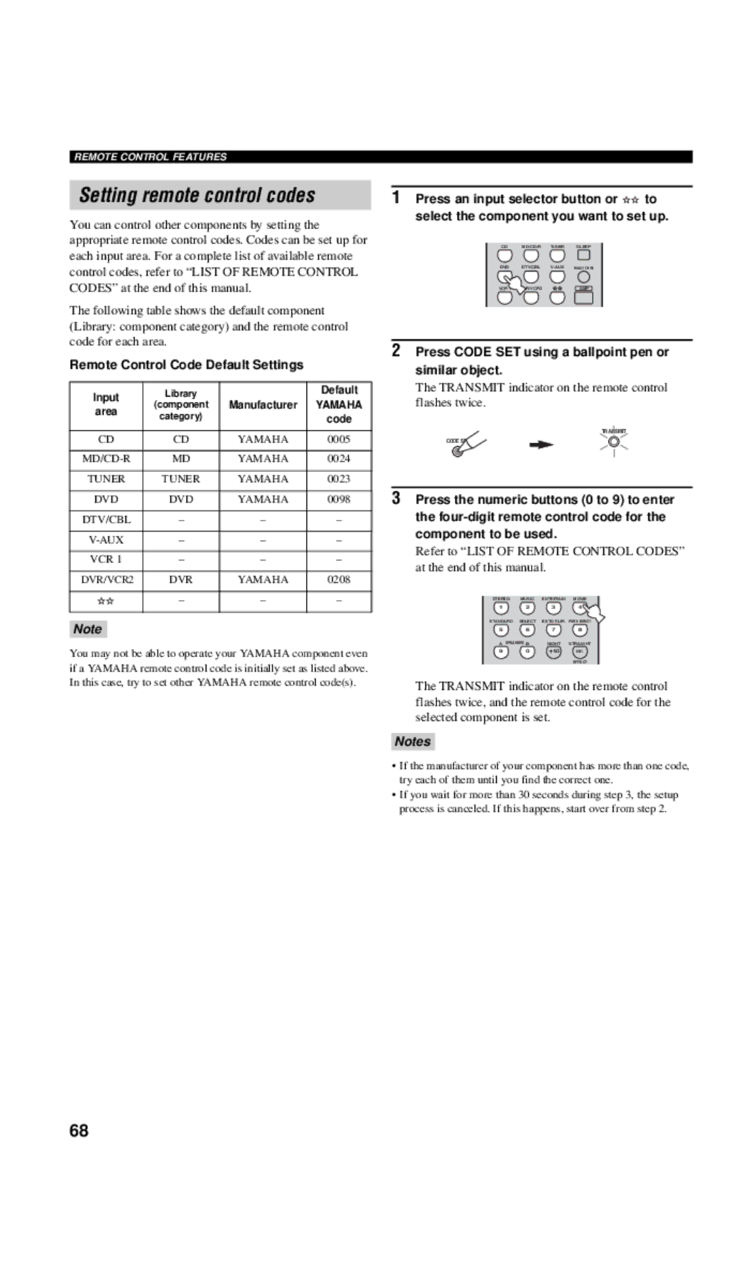 Yamaha RX-V657 owner manual Setting remote control codes, Remote Control Code Default Settings 