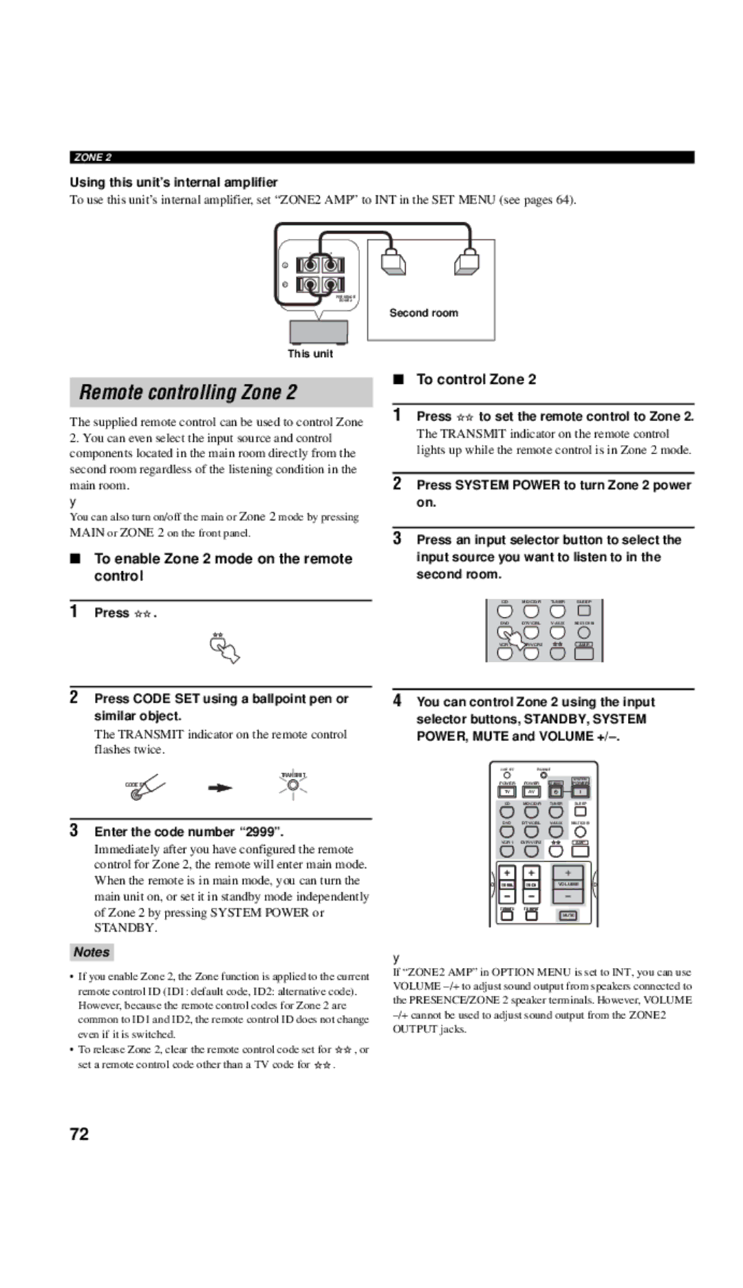 Yamaha RX-V657 owner manual Remote controlling Zone, Using this unit’s internal amplifier, Second room This unit 