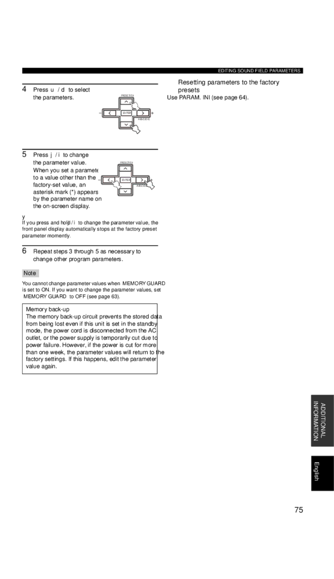 Yamaha RX-V657 Press u / d to select, Press j / i to change Parameter value, Resetting parameters to the factory Presets 