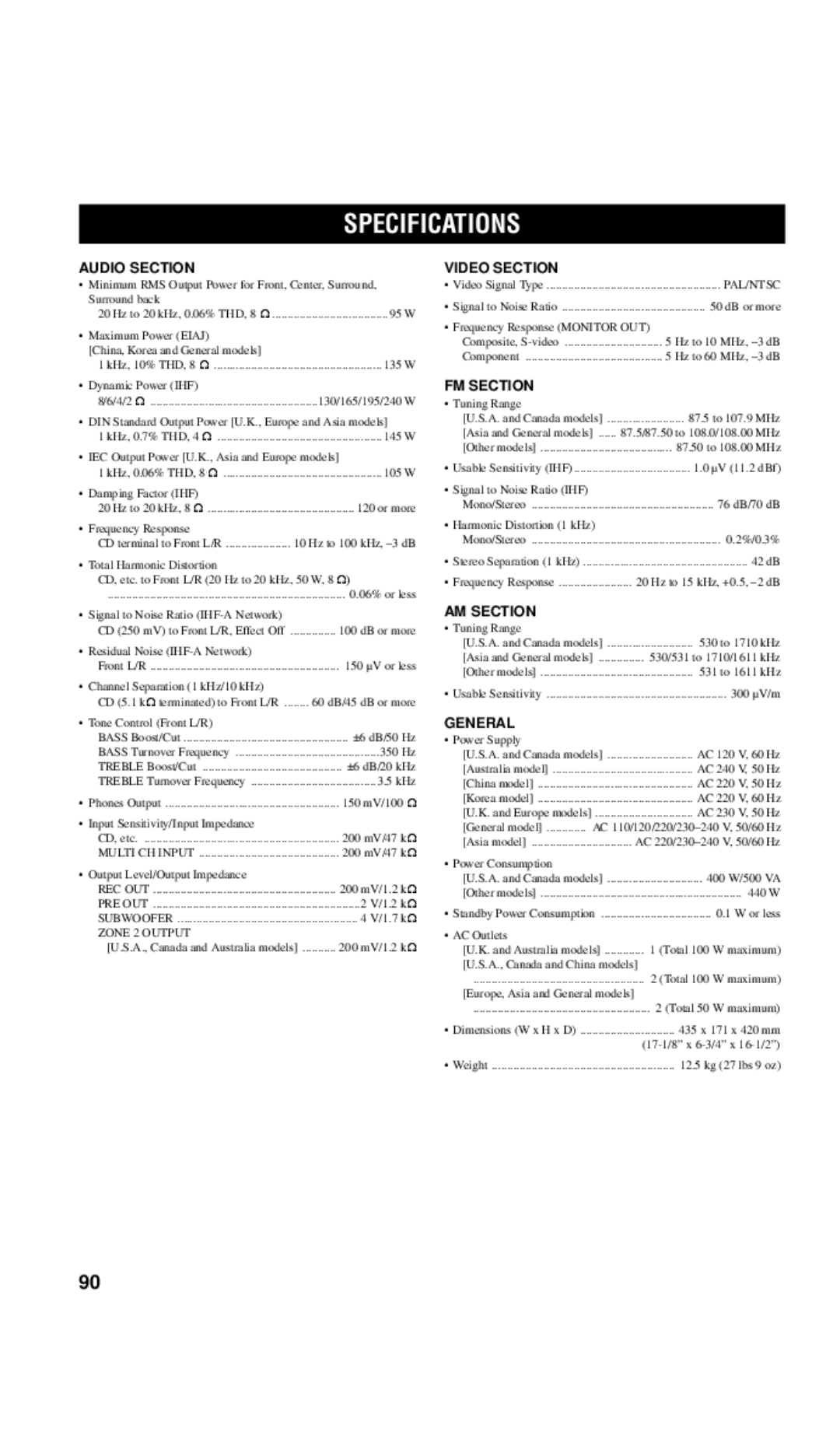 Yamaha RX-V657 owner manual Specifications 