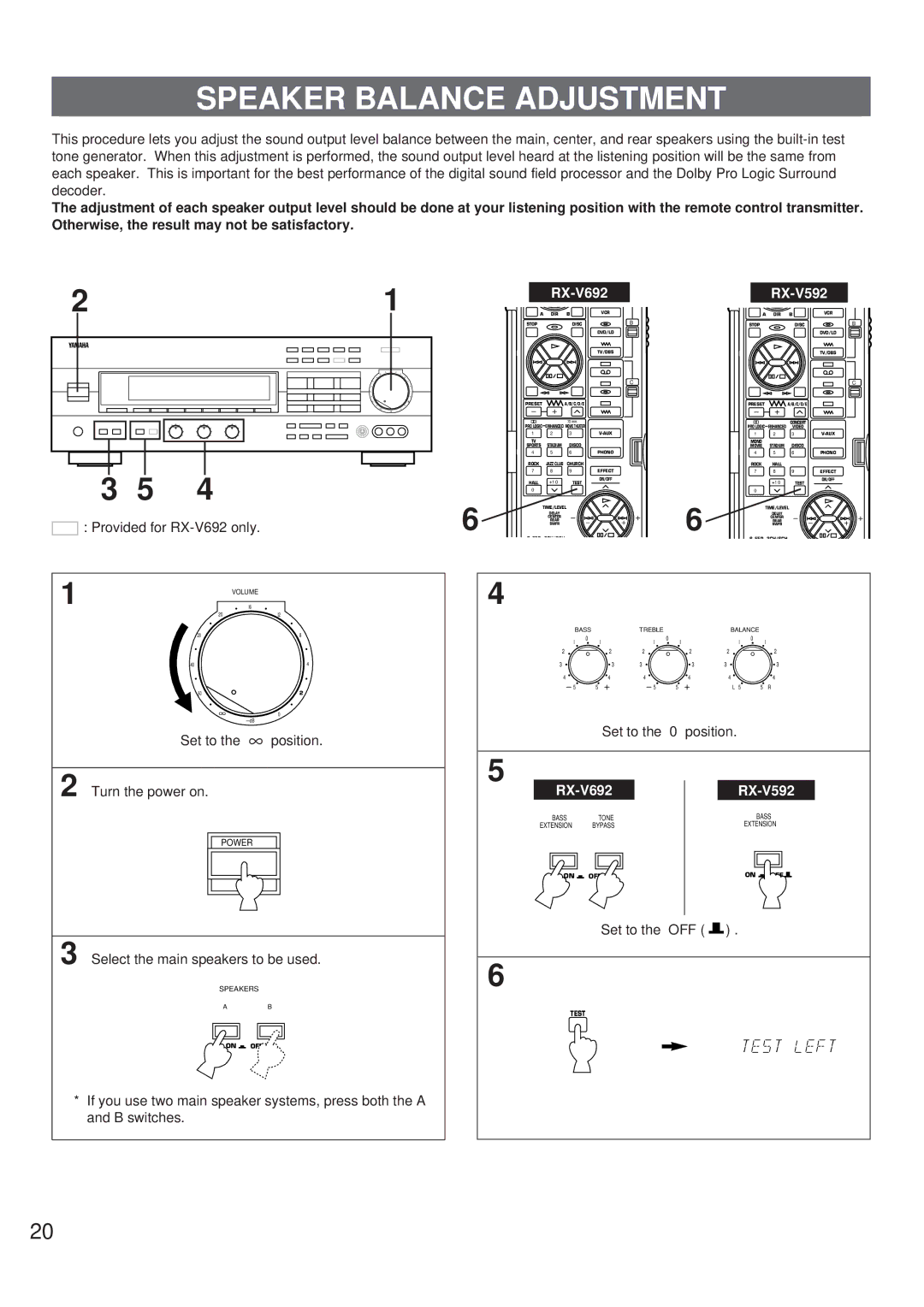 Yamaha RX-V692 RX-V592 owner manual Speaker Balance Adjustment, Set to the OFF 