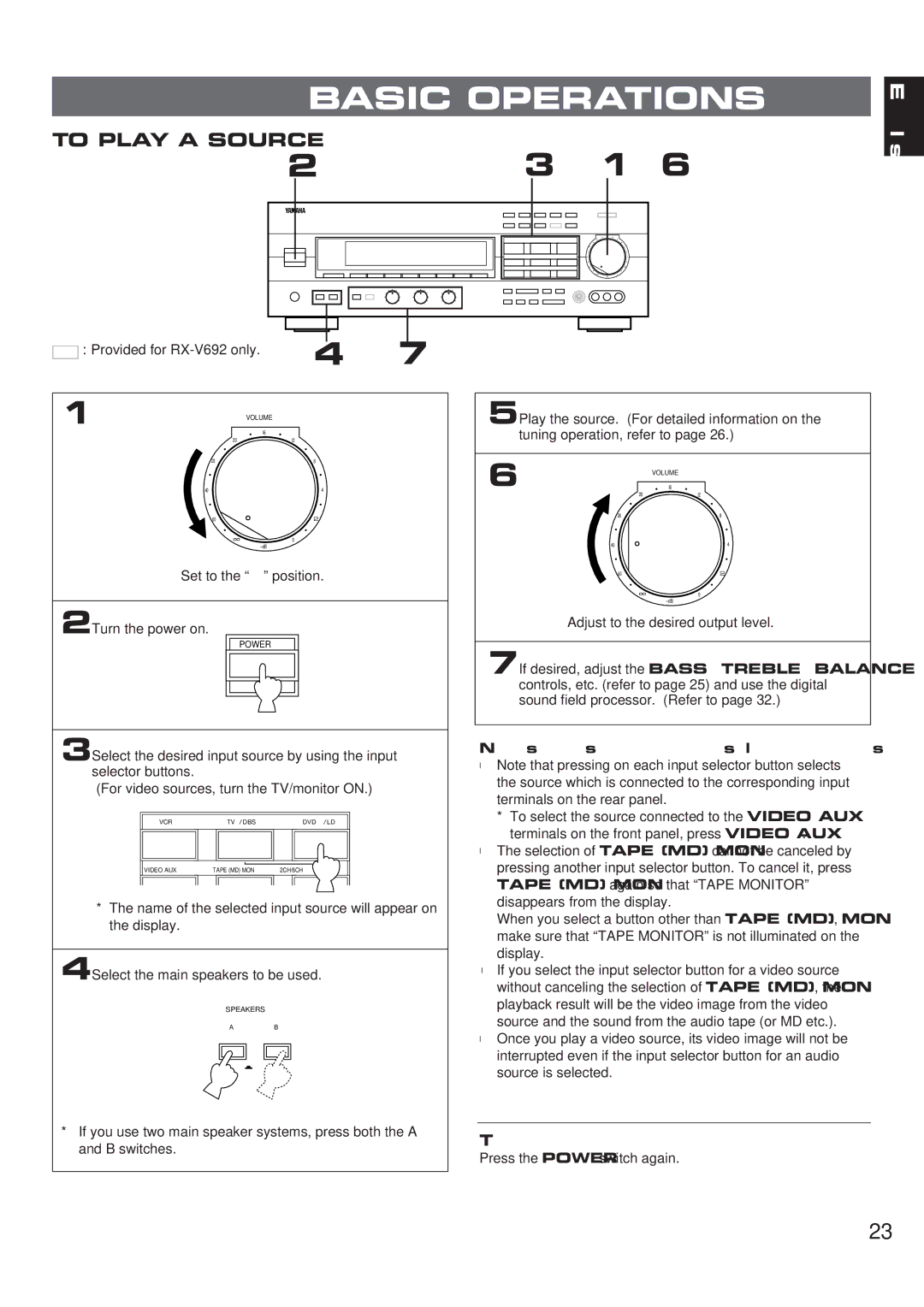 Yamaha RX-V692 RX-V592 owner manual Basic Operations, To turn off the power, Provided for RX-V692 only 