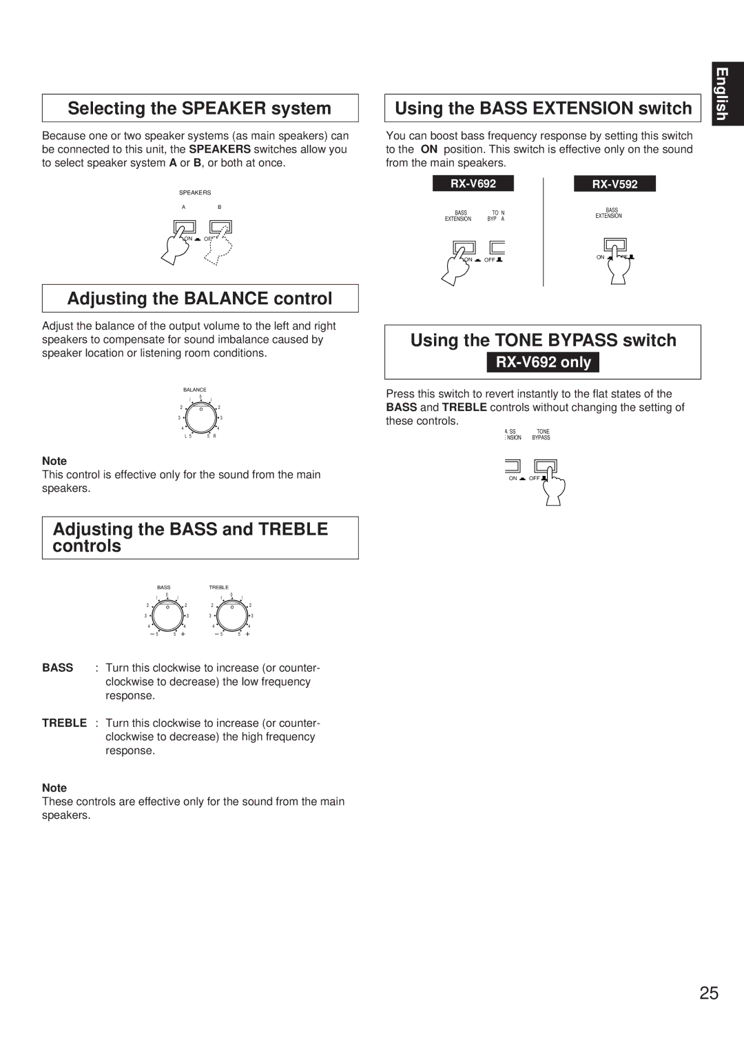 Yamaha RX-V692 RX-V592 Selecting the Speaker system, Adjusting the Balance control, Adjusting the Bass and Treble controls 