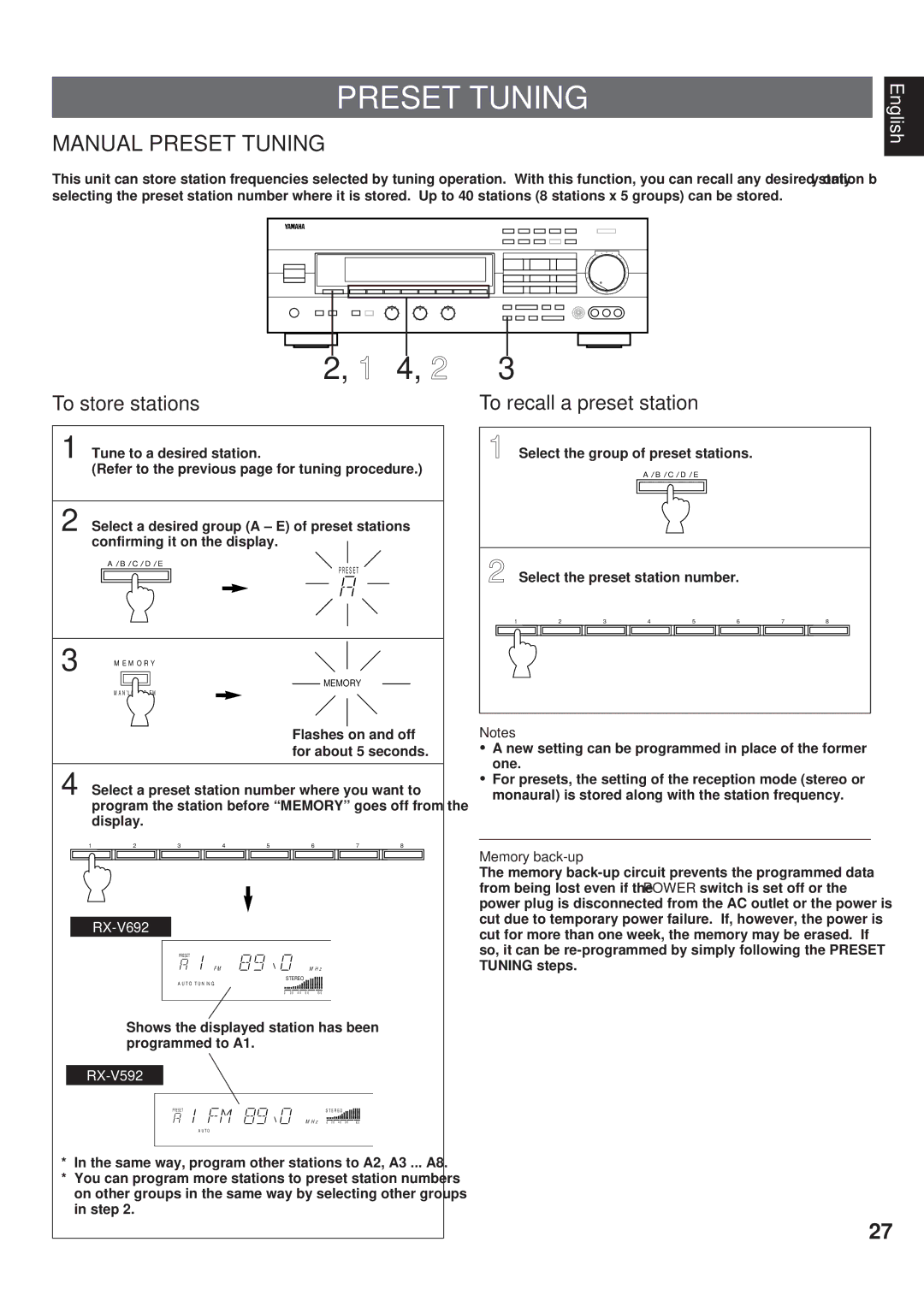 Yamaha RX-V692 RX-V592 owner manual Manual Preset Tuning 