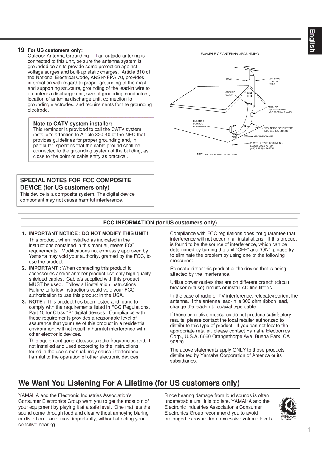 Yamaha RX-V692 RX-V592 We Want You Listening For a Lifetime for US customers only, FCC Information for US customers only 