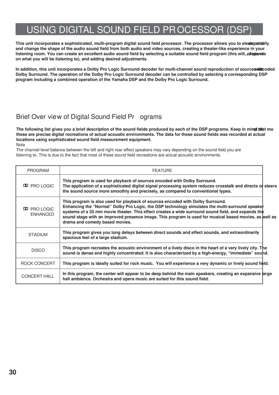 Yamaha RX-V692 RX-V592 owner manual Using Digital Sound Field Processor DSP, Brief Overview of Digital Sound Field Programs 